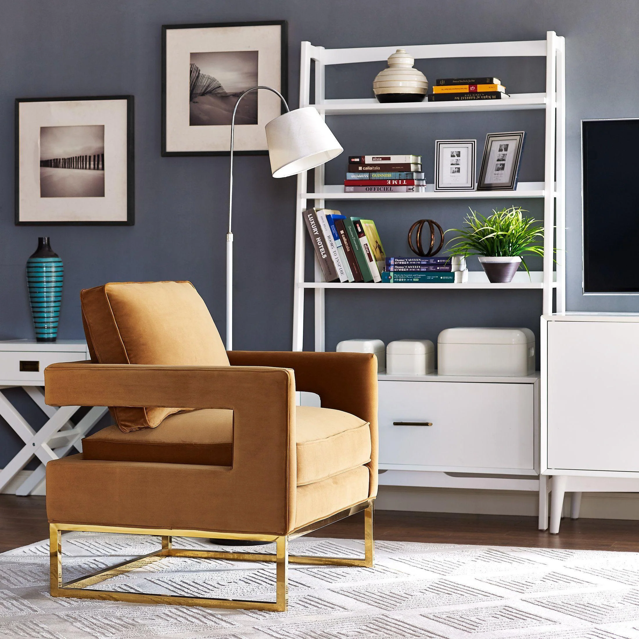 Avery Cognac Velvet Chair With Polished Gold Base - Remutear