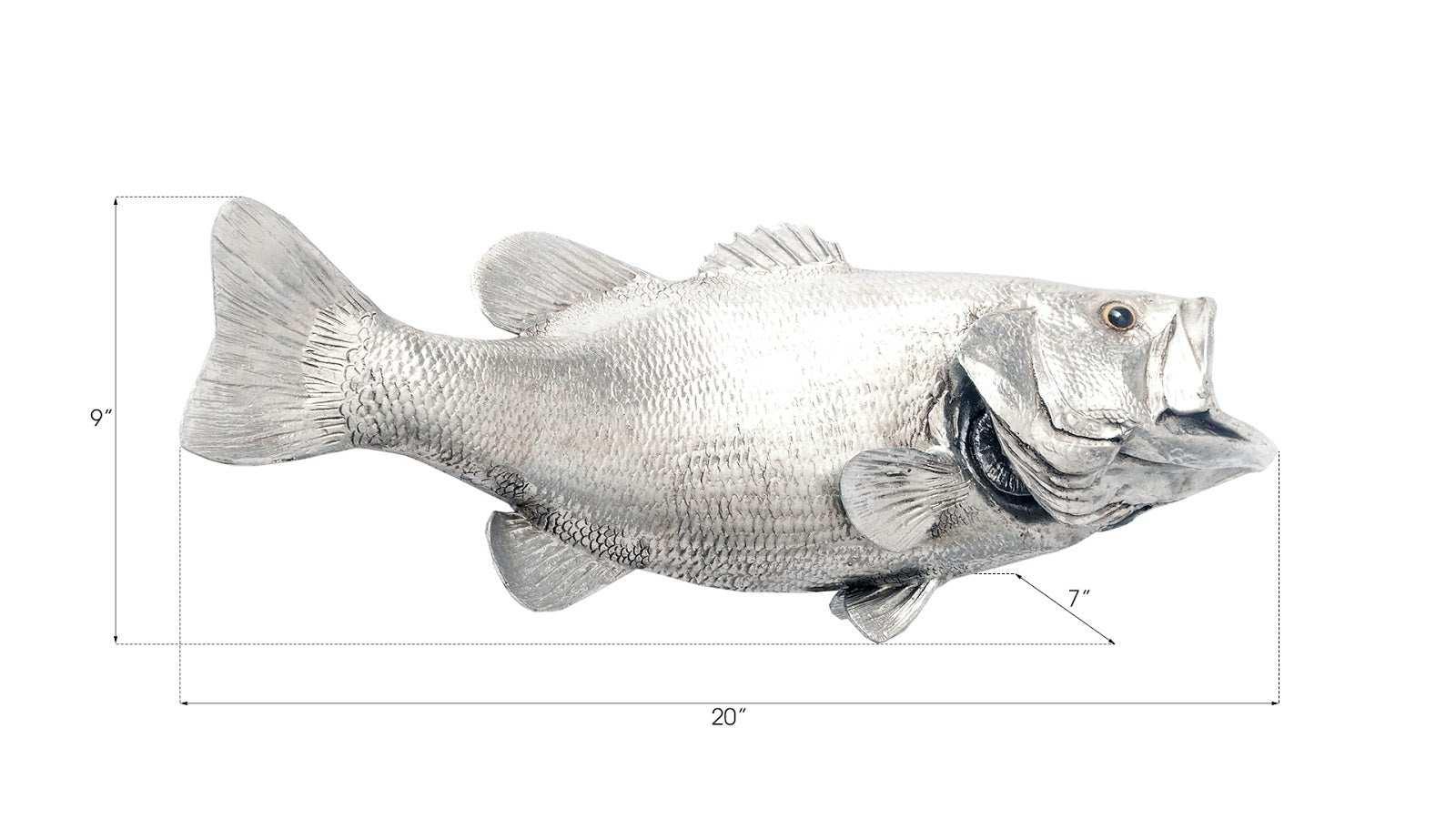 Large Mouth Bass Fish Wall Sculpture, Resin, Silver Leaf - Remutear