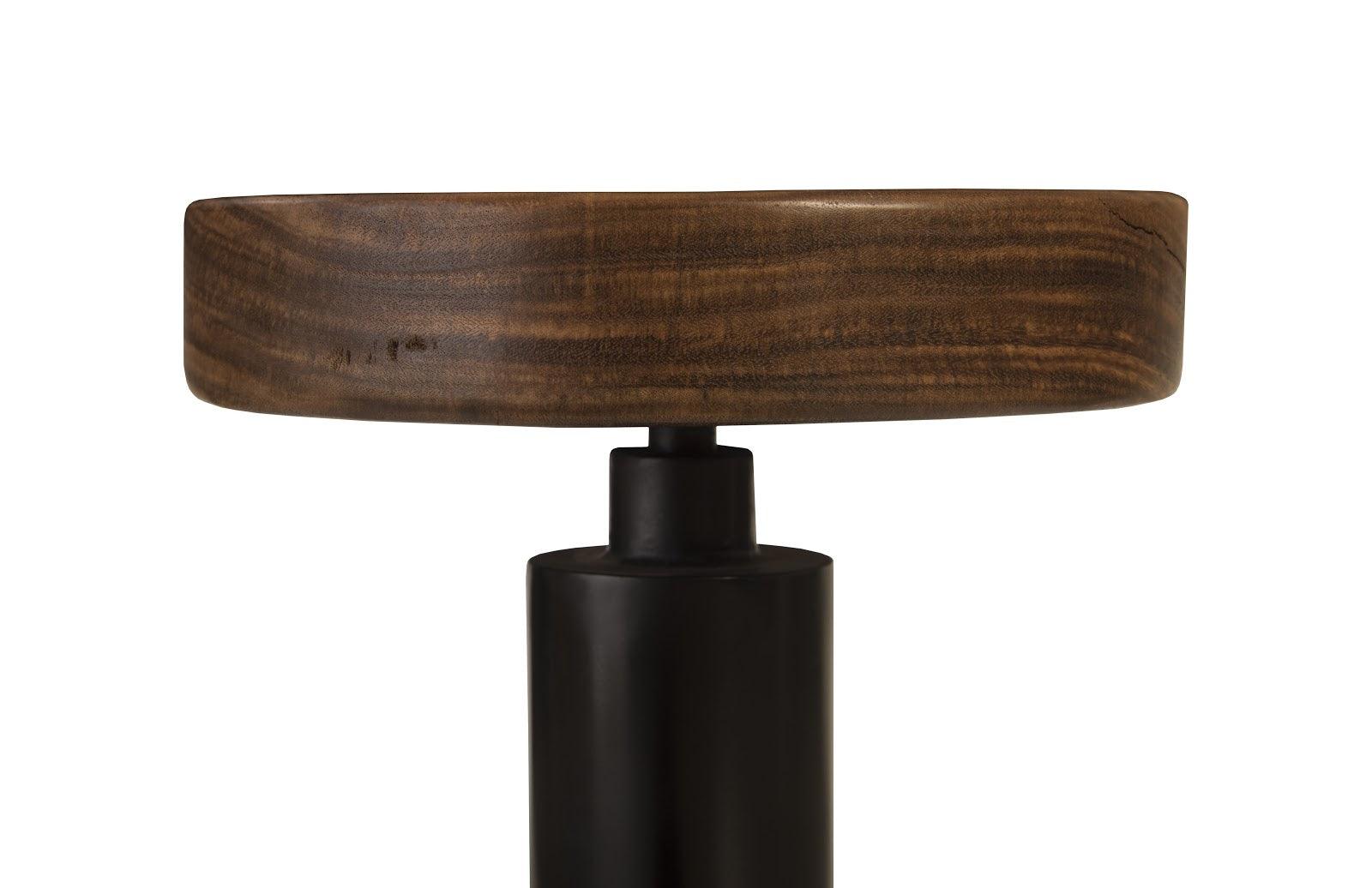 Black Iron Bar Stool, Swivel Seat, Chamcha Wood, Natural - Remutear
