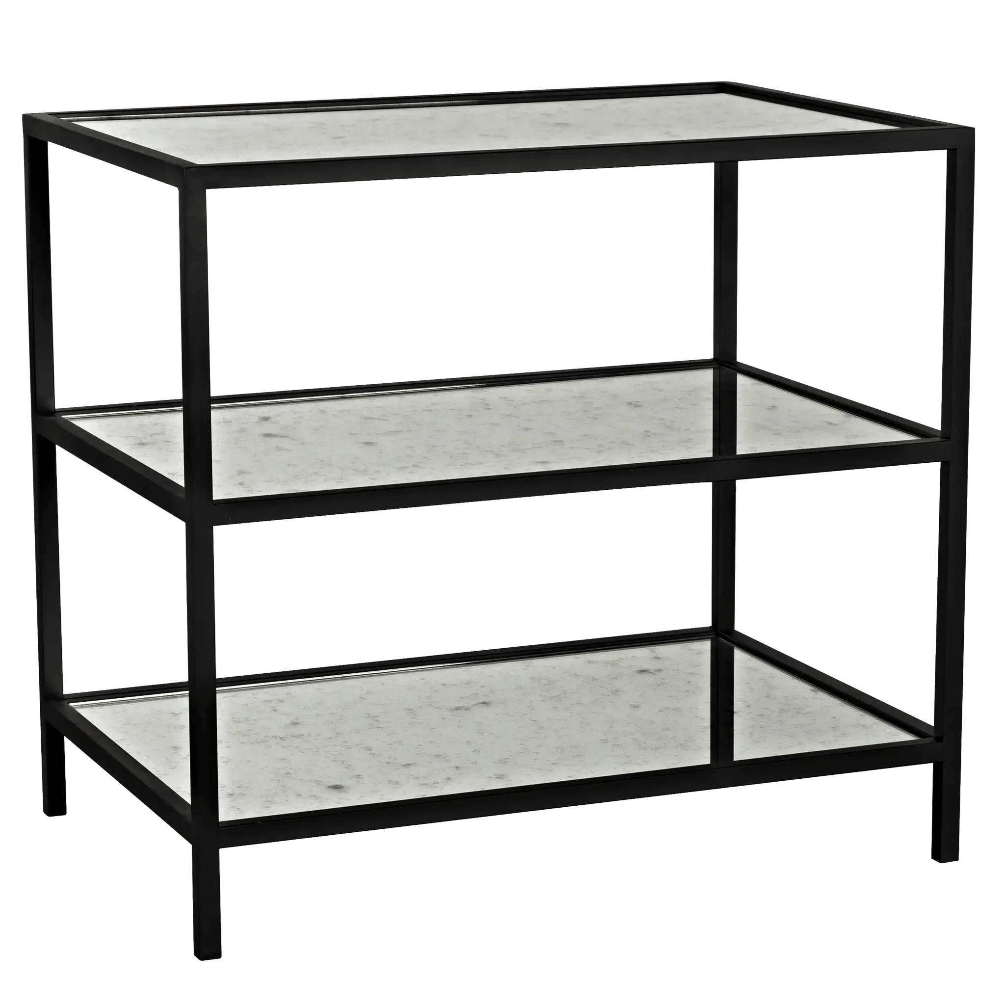 3 Tier Side Table with Antiqued Mirror, Black Steel - Remutear