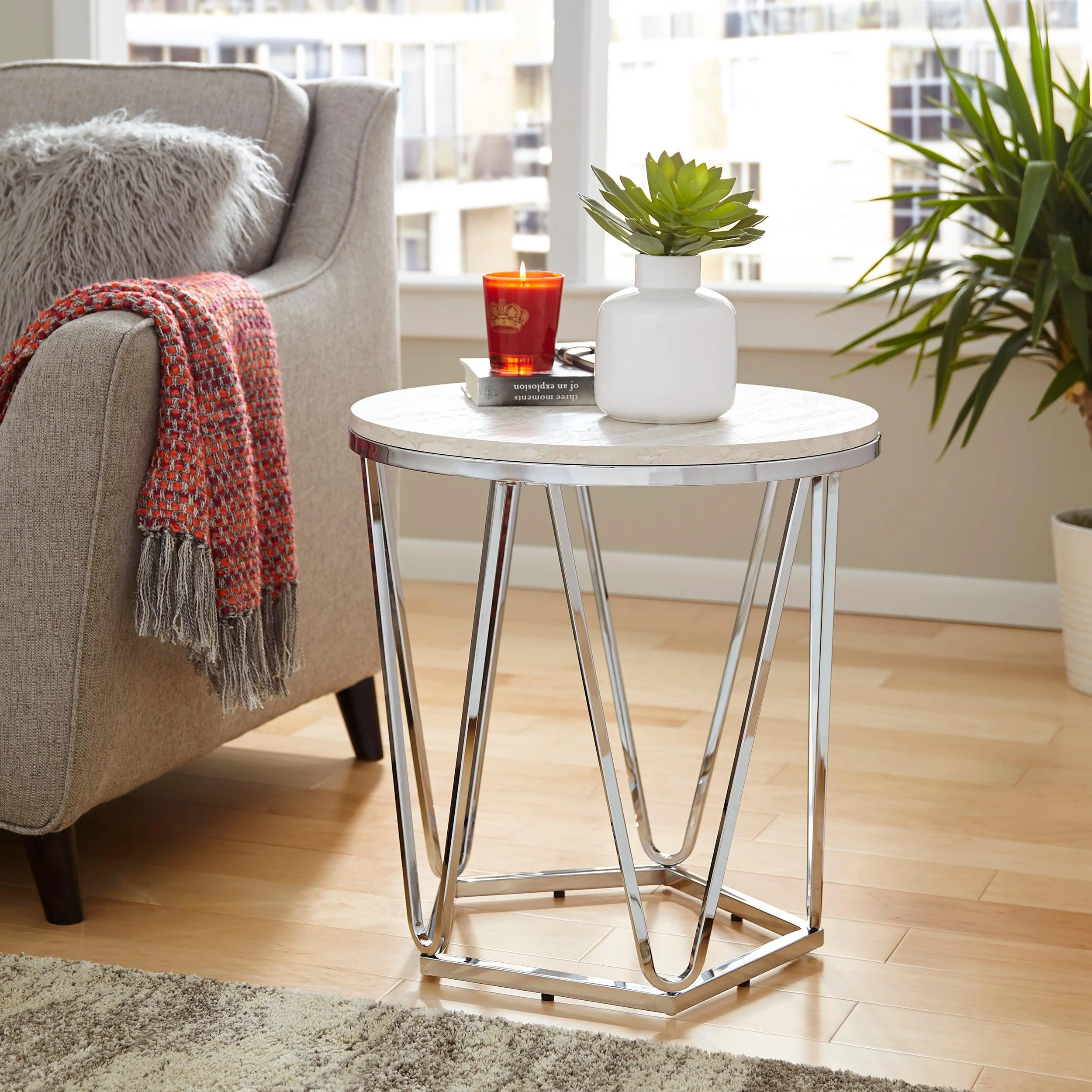Luna Round Faux Stone End Table – Silver - Remutear