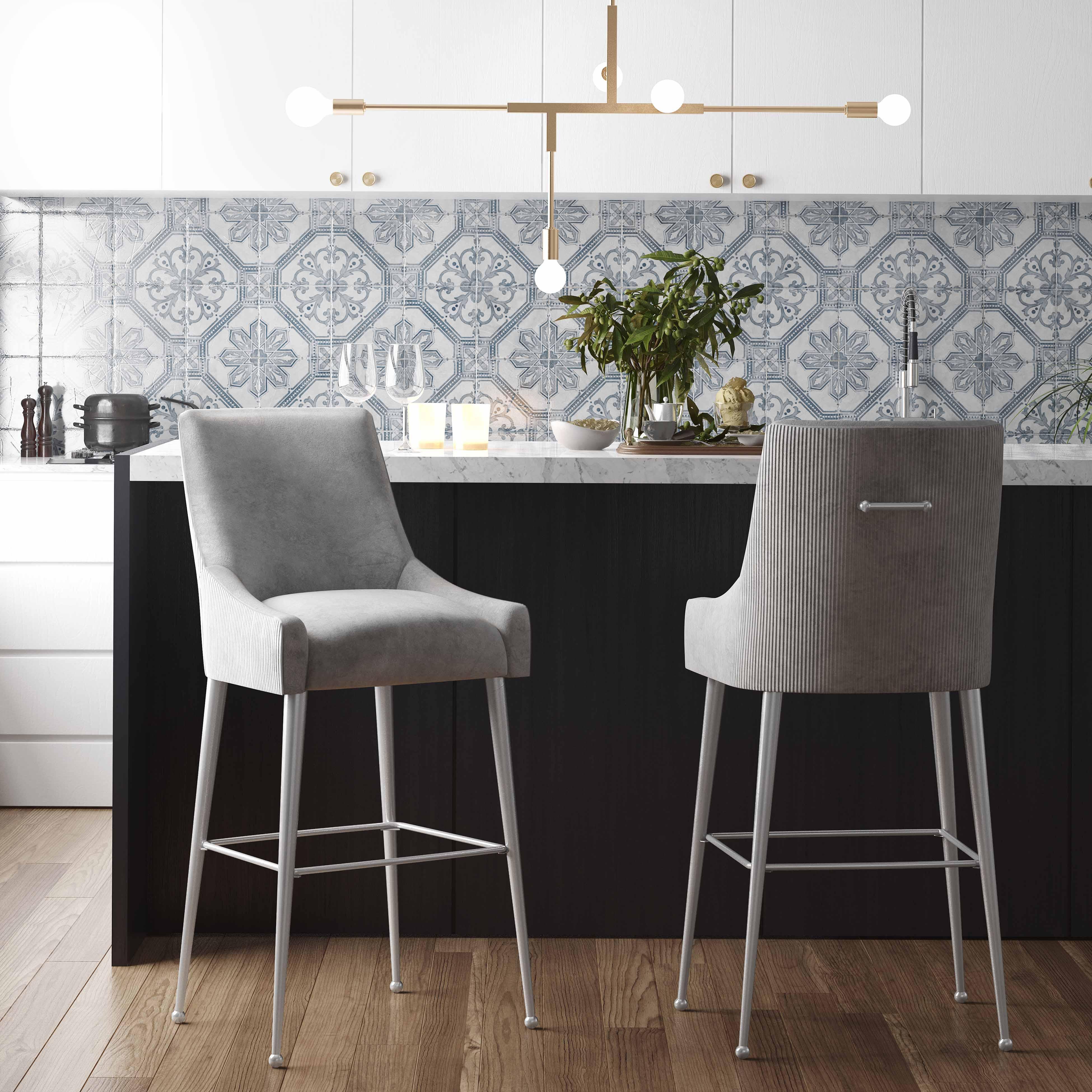 Beatrix Pleated Light Grey Velvet Counter Stool - Remutear