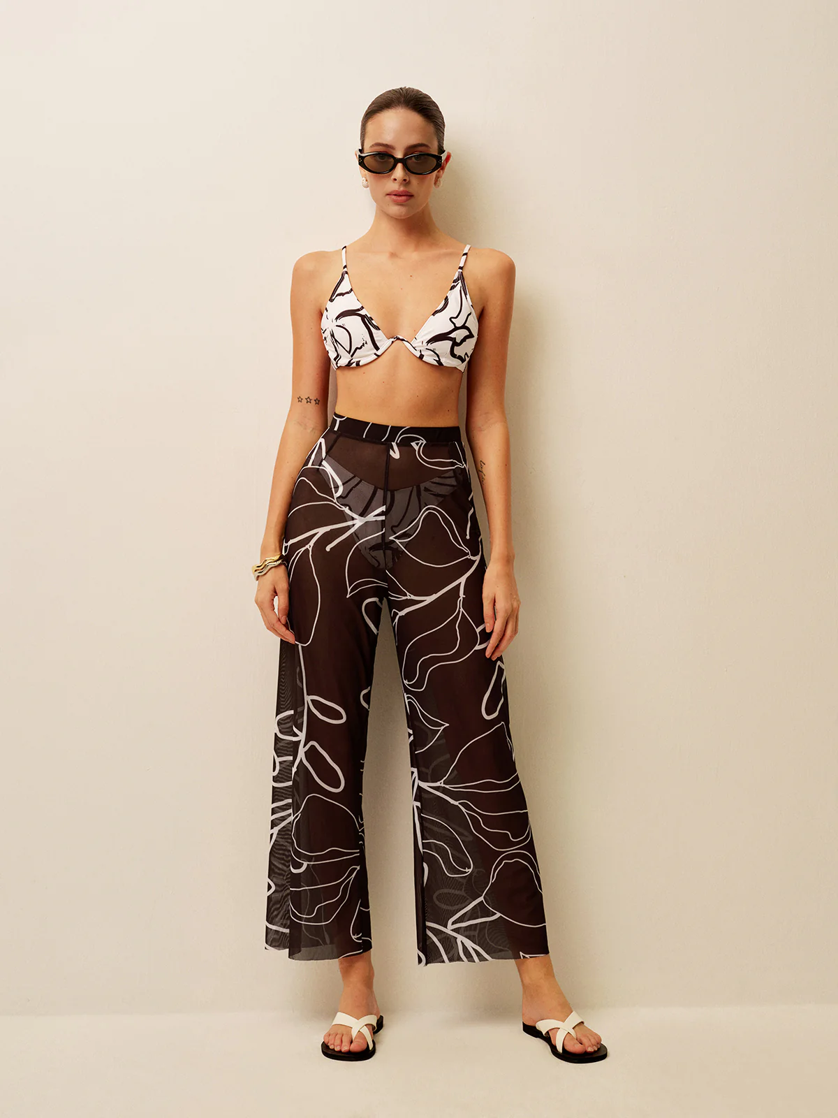 Sheer Printed Wide-Leg Cover-Up Pants - Remutear