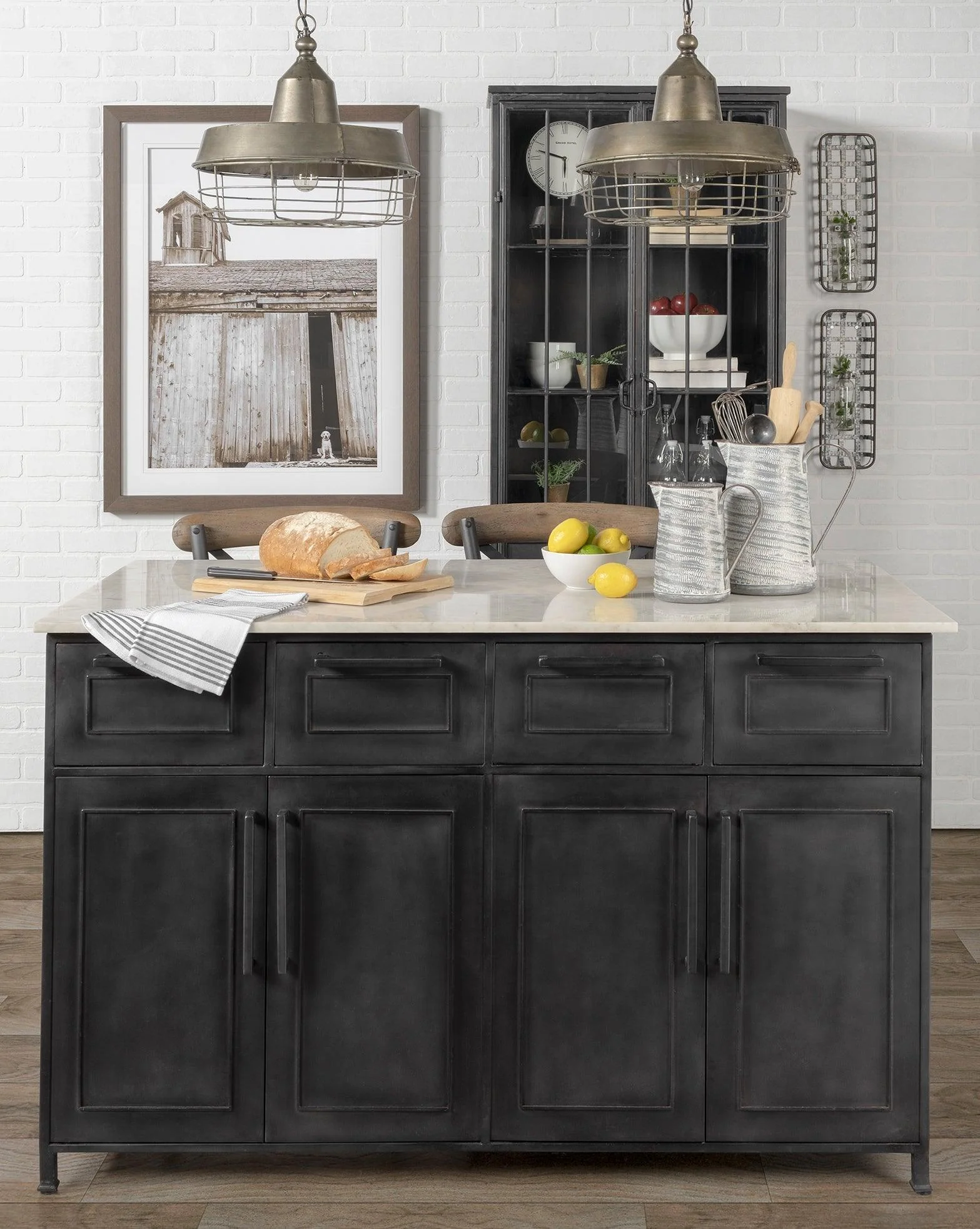 Fieri Solid Iron Black Body White Marble Top Four Drawer Kitchen Island - Remutear