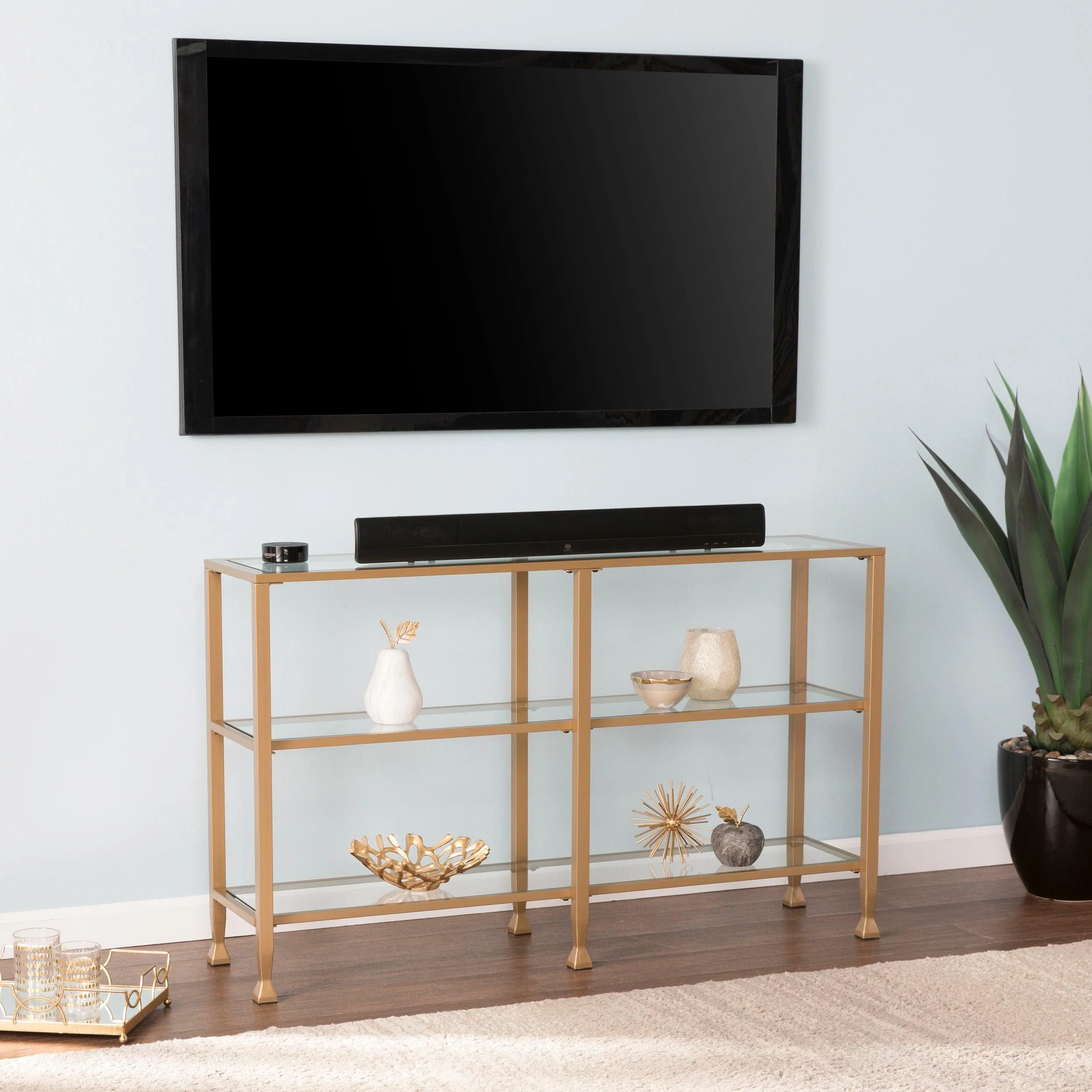 Jaymes Narrow Metal Console Table w/ Glass Shelves - Gold - Remutear