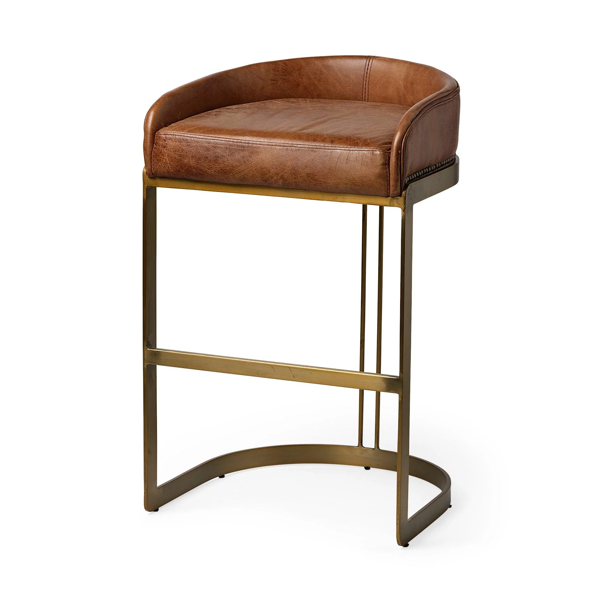 Hollyfield II Brown Leather Seat Gold Metal Base Bar Stool - Remutear