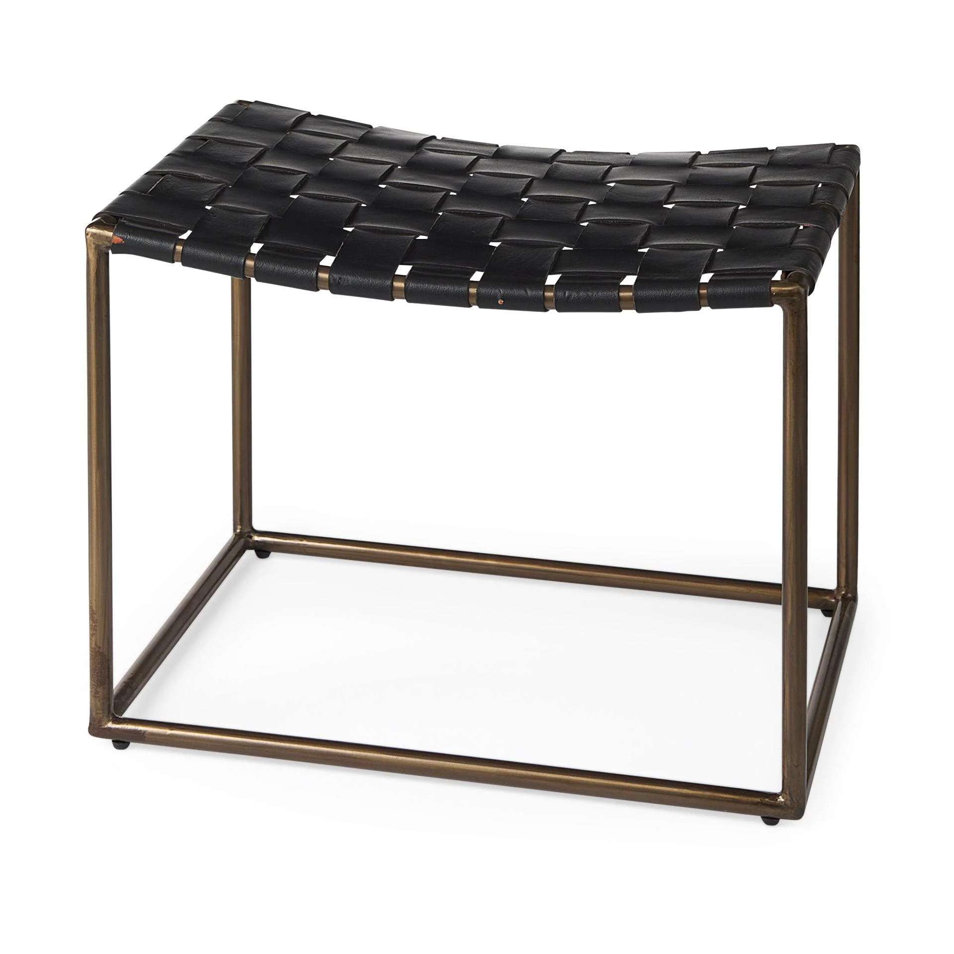 Clarissa 22.0L x 16.0W x 16.75H Black Leather Woven Seat W/ Gold Metal Frame Stool - Remutear