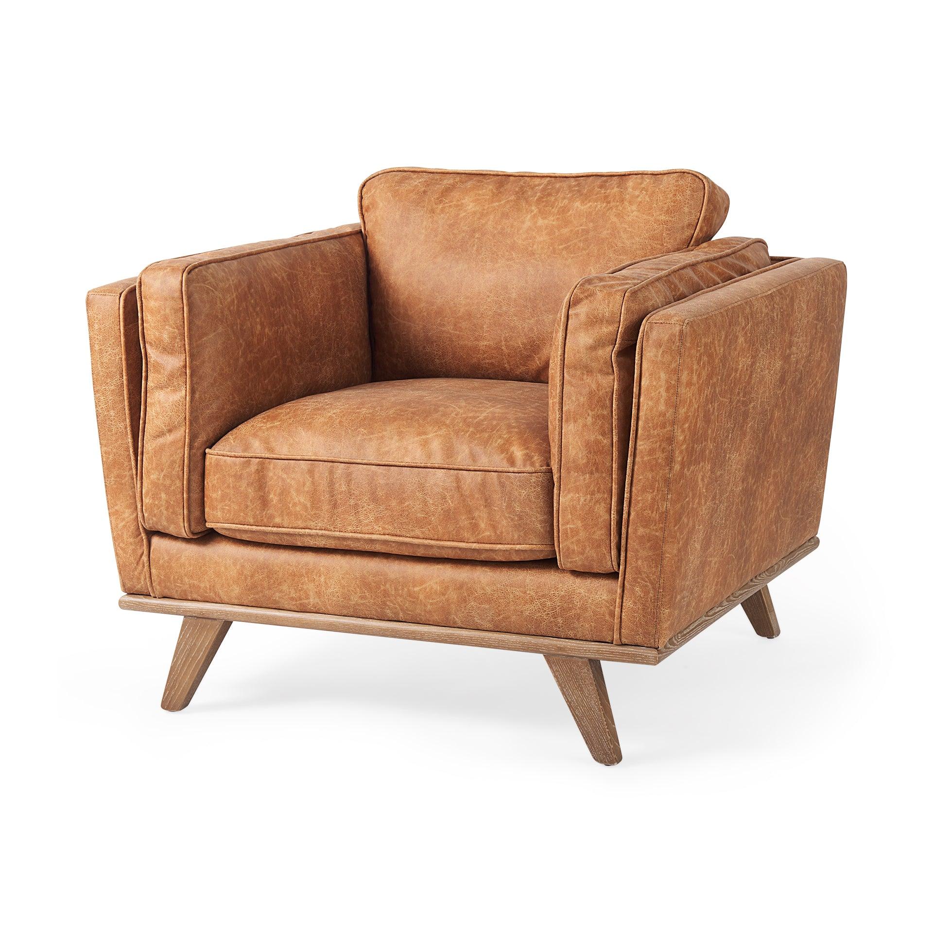 Brooks 41.7L x 34.8W x 33.5H Cognac Brown Faux Leather Chair W/ Medium Brown Wooden Legs - Remutear