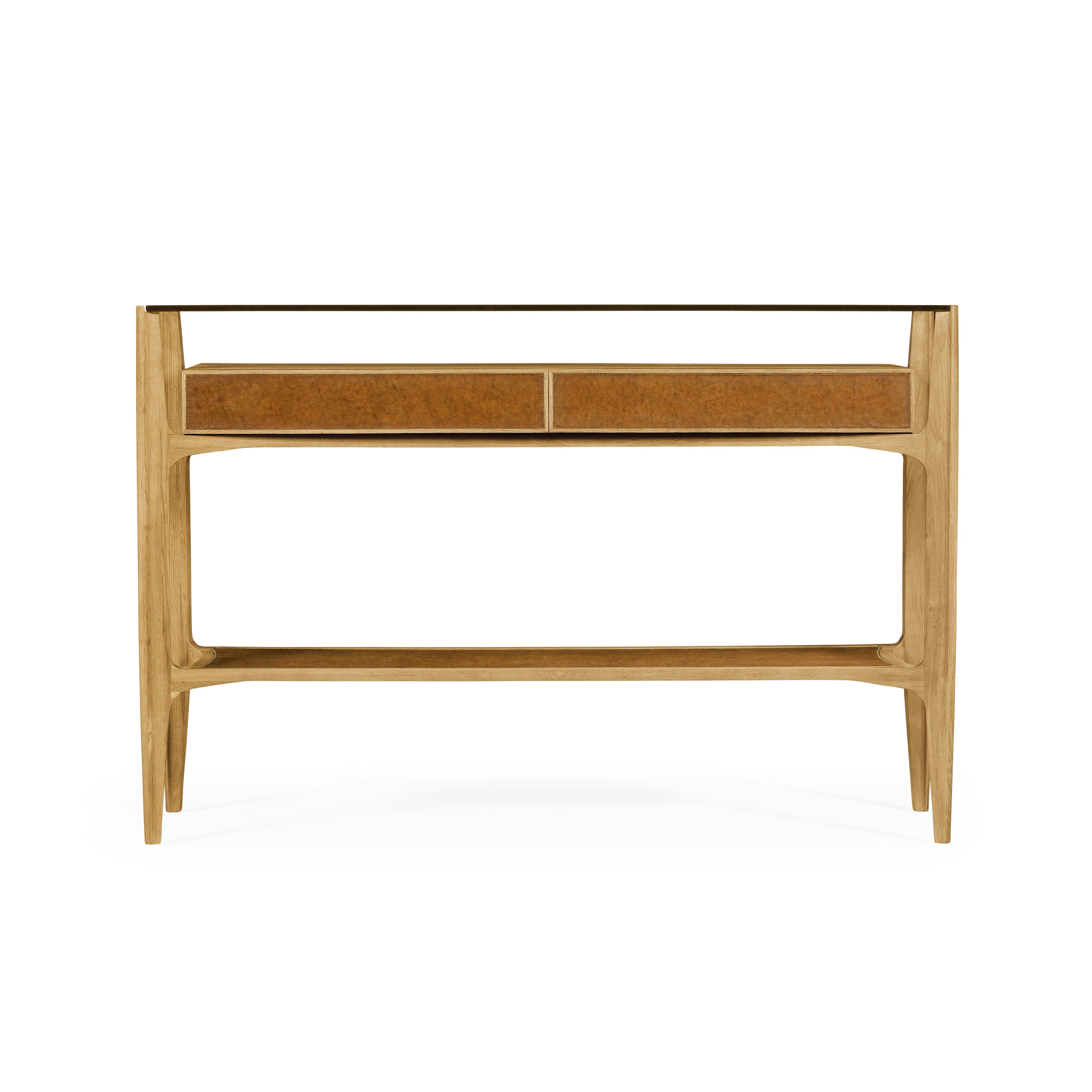 Modern Accents Washed Oak Architects Glass Top Console Table - Remutear