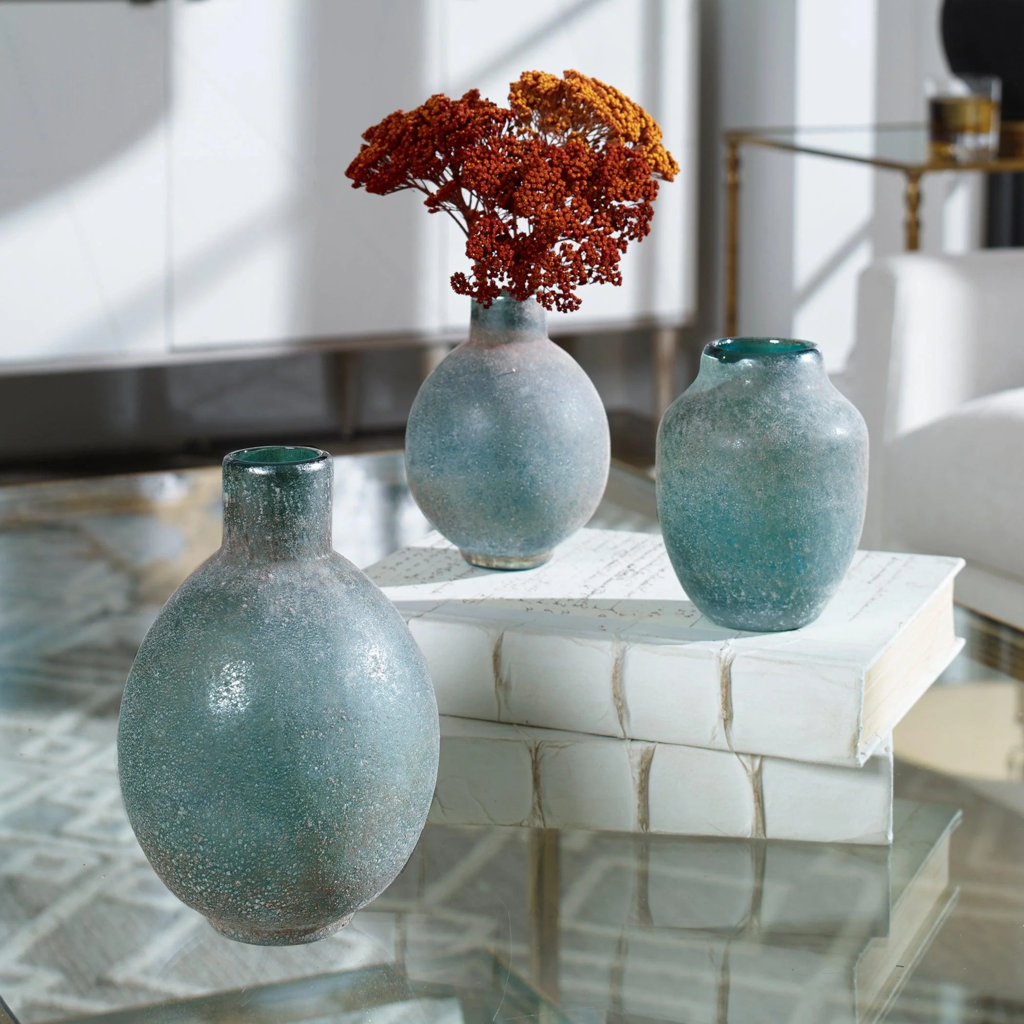 MERCEDE WEATHERED BLUE-GREEN VASES SET OF 3 - Remutear