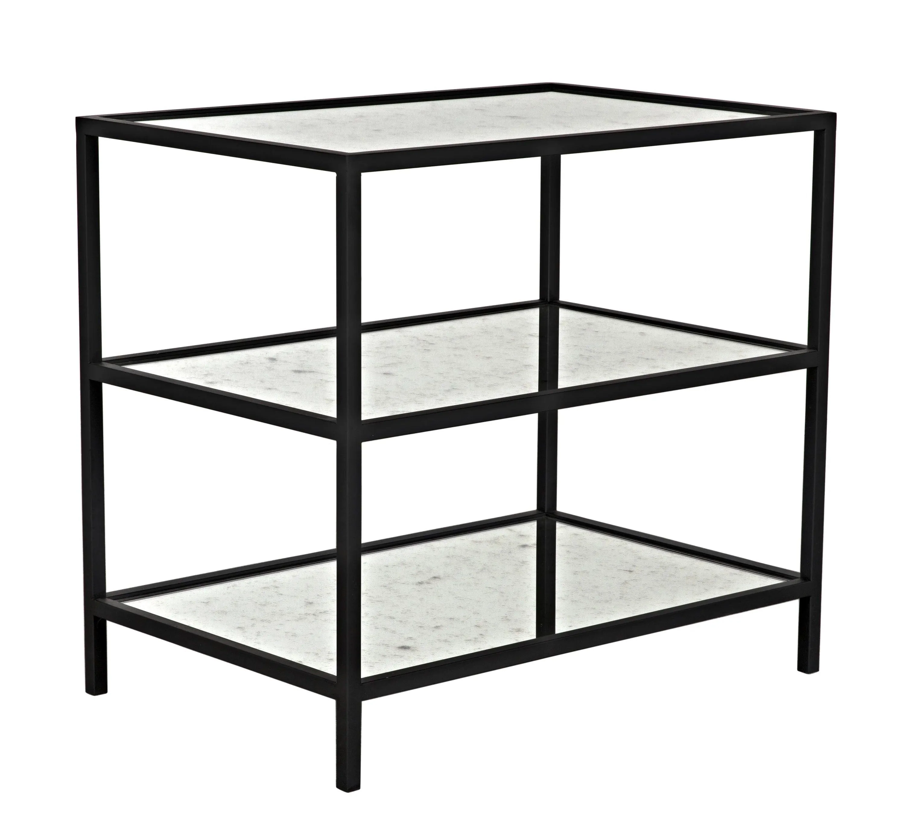 3 Tier Side Table with Antiqued Mirror, Black Steel - Remutear
