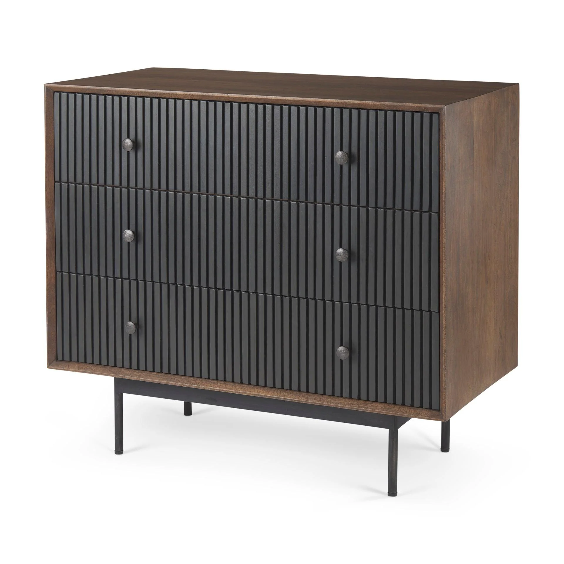 Grace 35.5L x 18.0W x 31.0H Medium Brown Wood W/Black Metal Frame 3 Drawer Accent Cabinet - Remutear