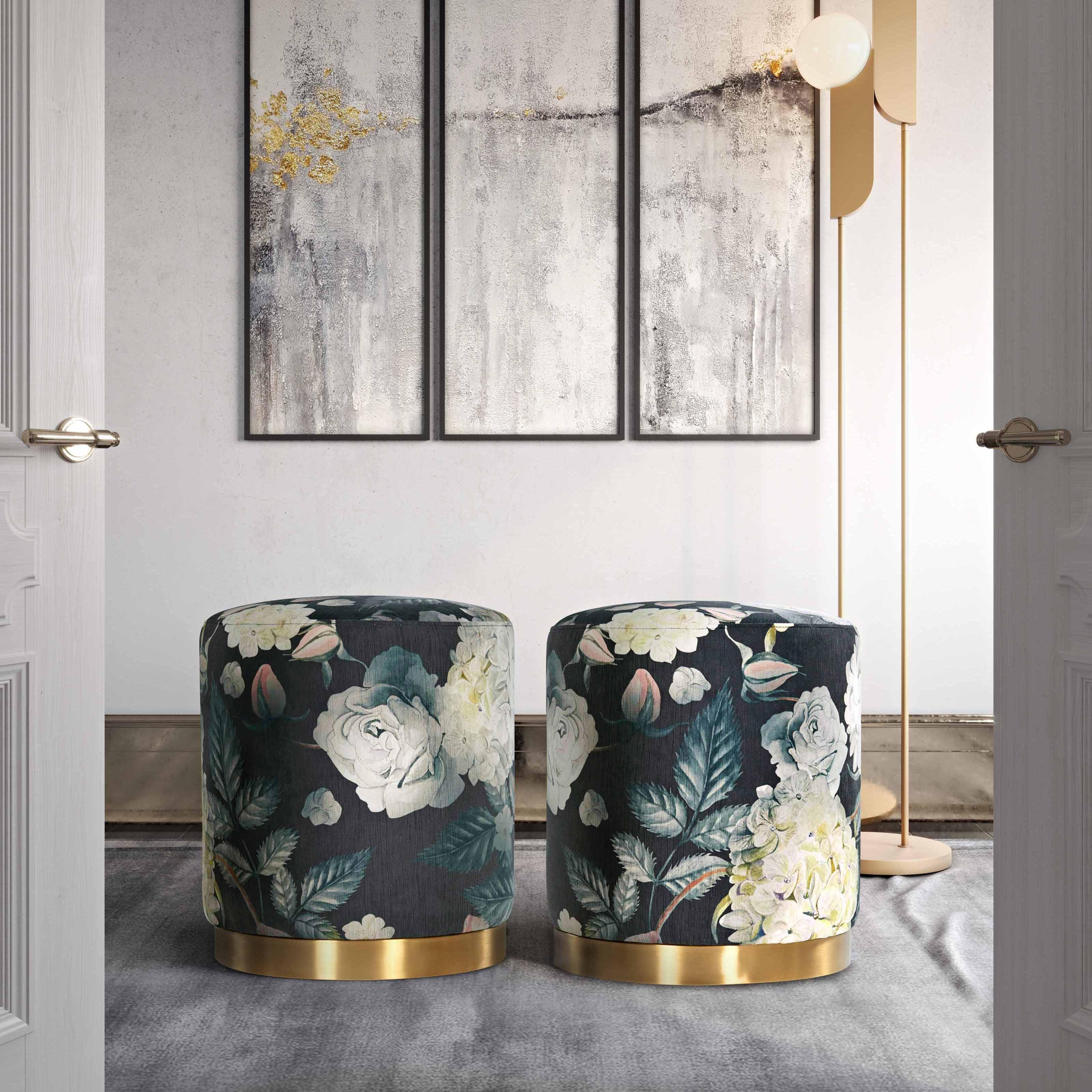 Opal Floral Velvet Ottoman with Gold Base - Remutear