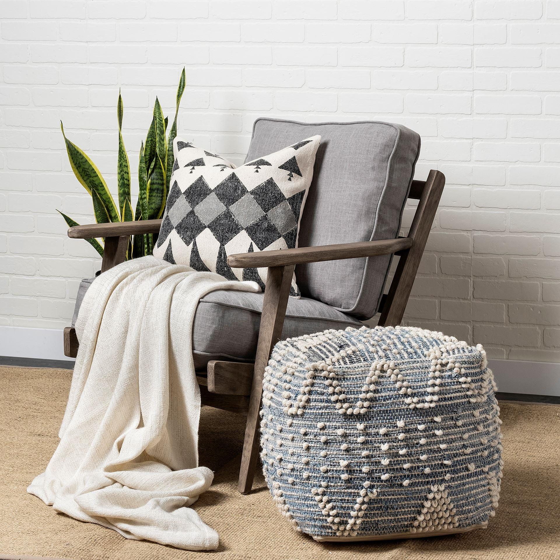 Rofi Blue Denim and Cream Cotton Stitched Square Pouf - Remutear