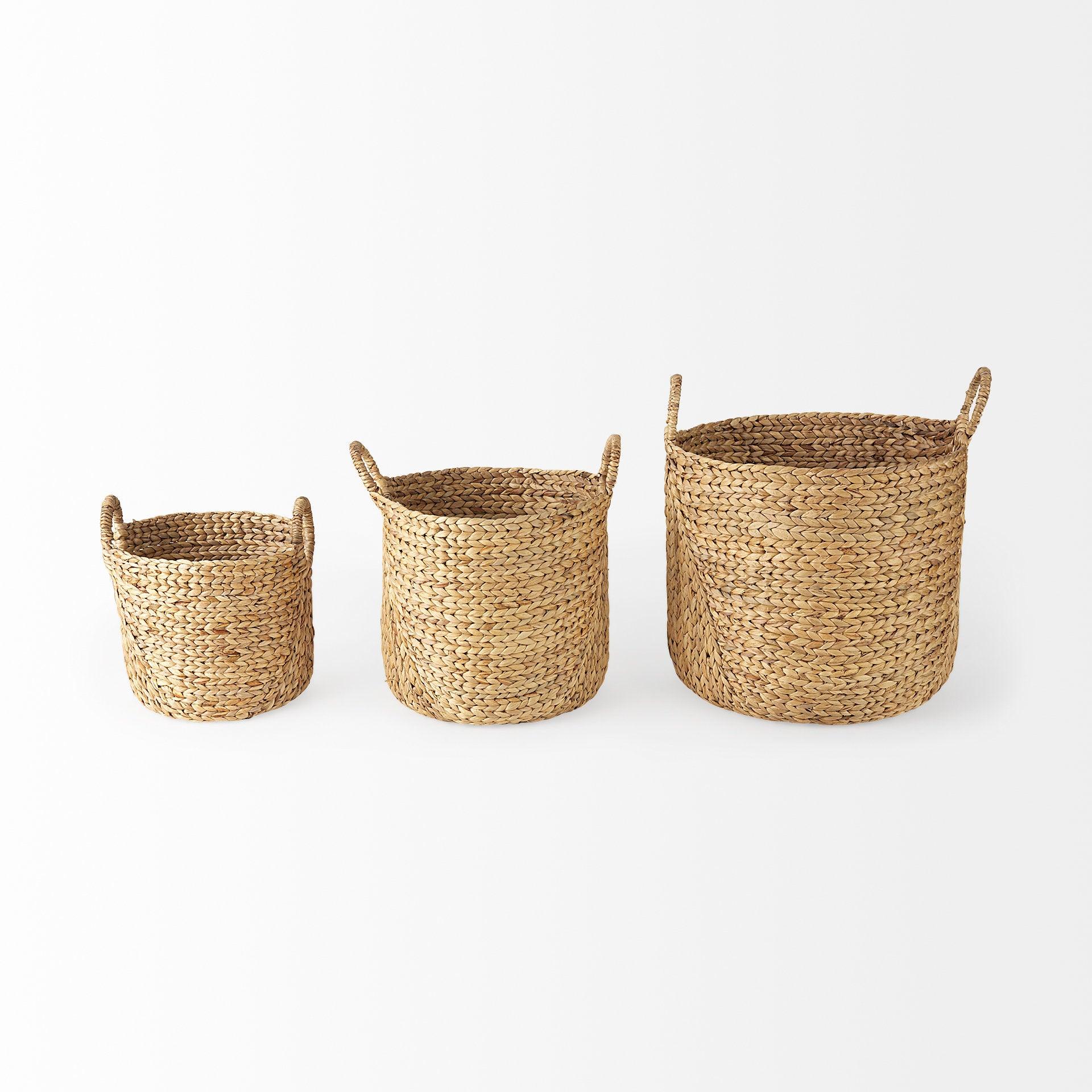 Sivan 19.7L x 19.7W x 23.6H (Set of 3) Light Brown Water Hyacinth Round Basket W/ Handles - Remutear