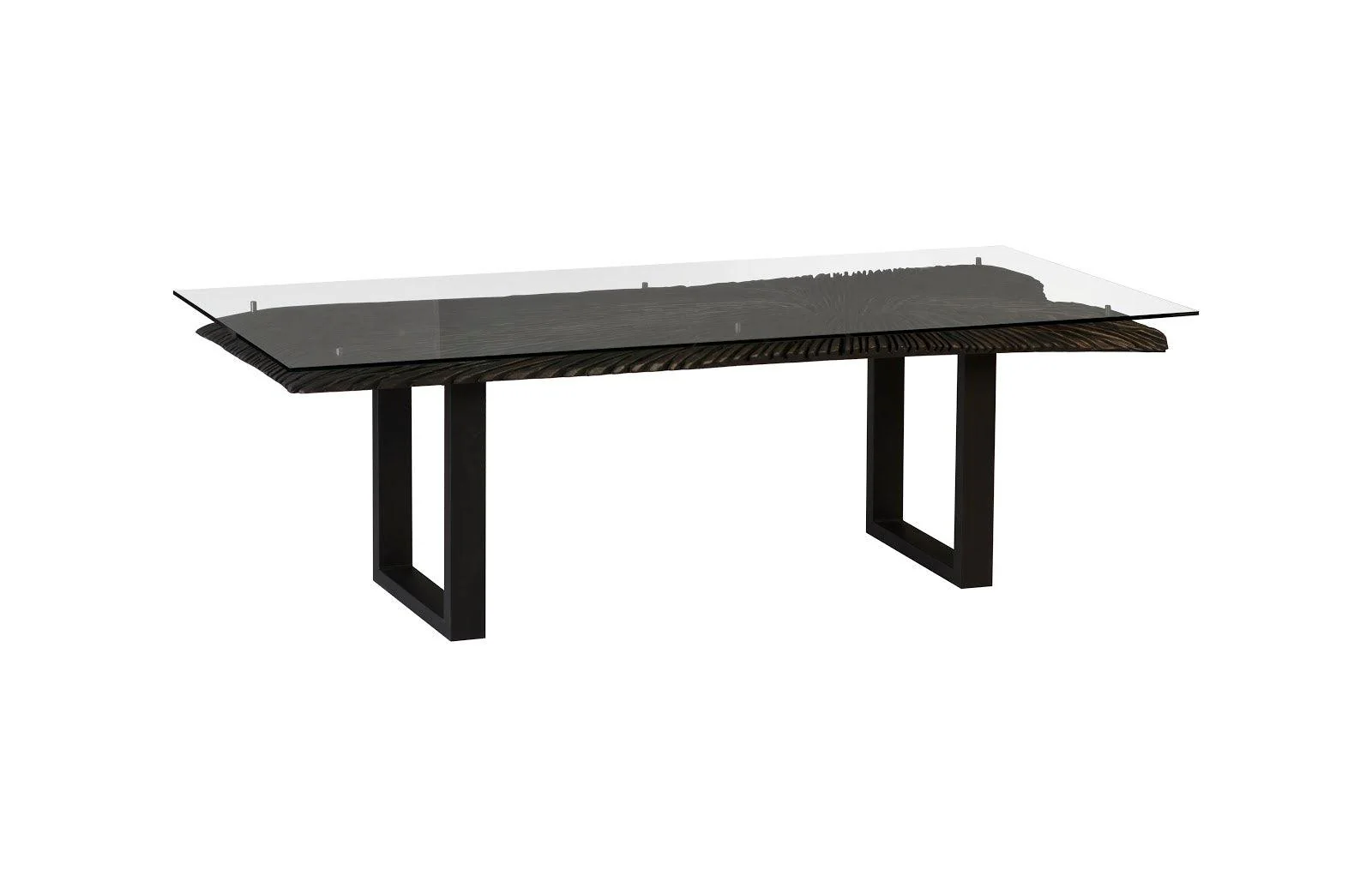 Chainsaw Dining Table with Glass, Burnt Black, Black Iron U Legs - Remutear