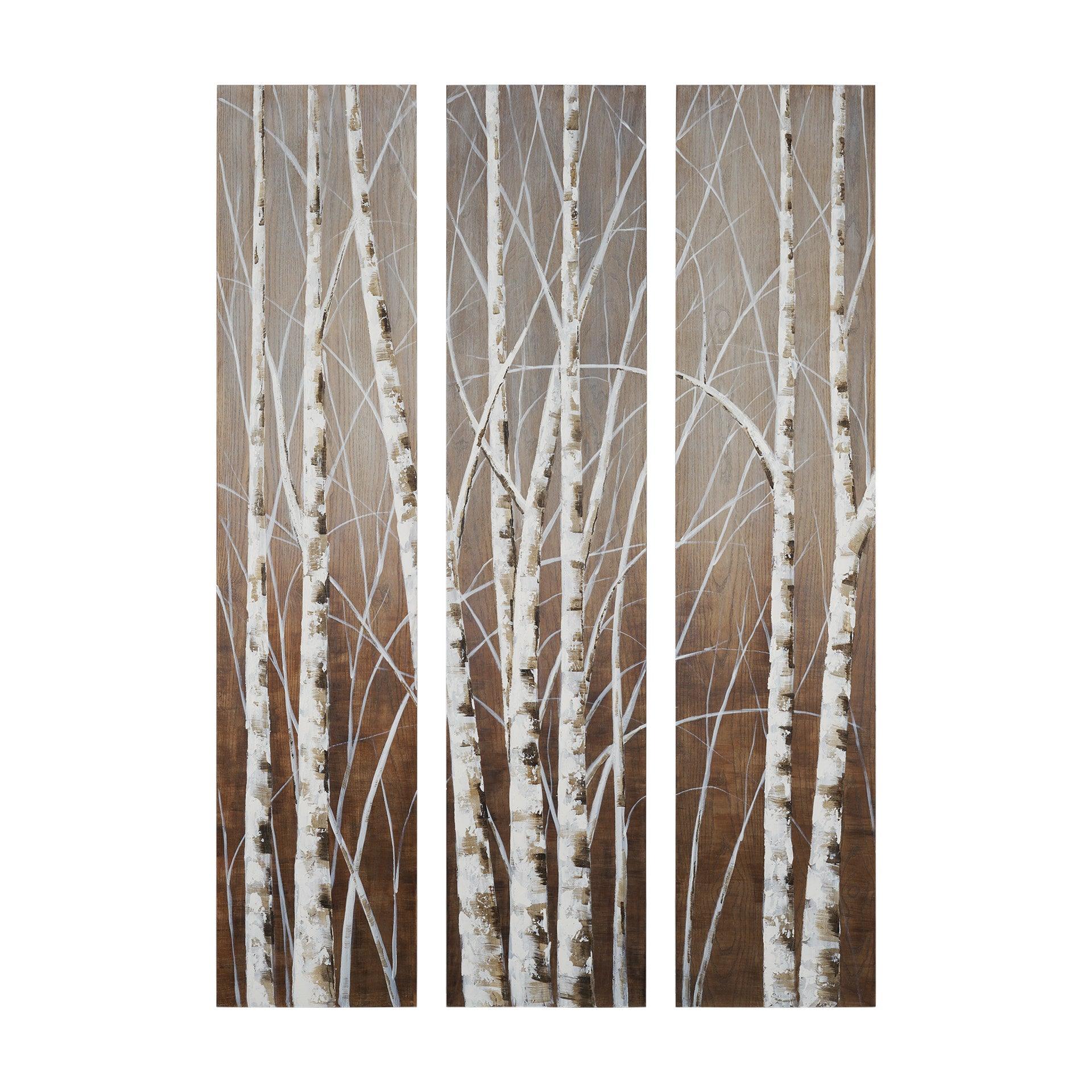 Evening Dusk 48x71 Tripych Birch Treescape Original Hand Painted on Wood Oil Painting - Remutear