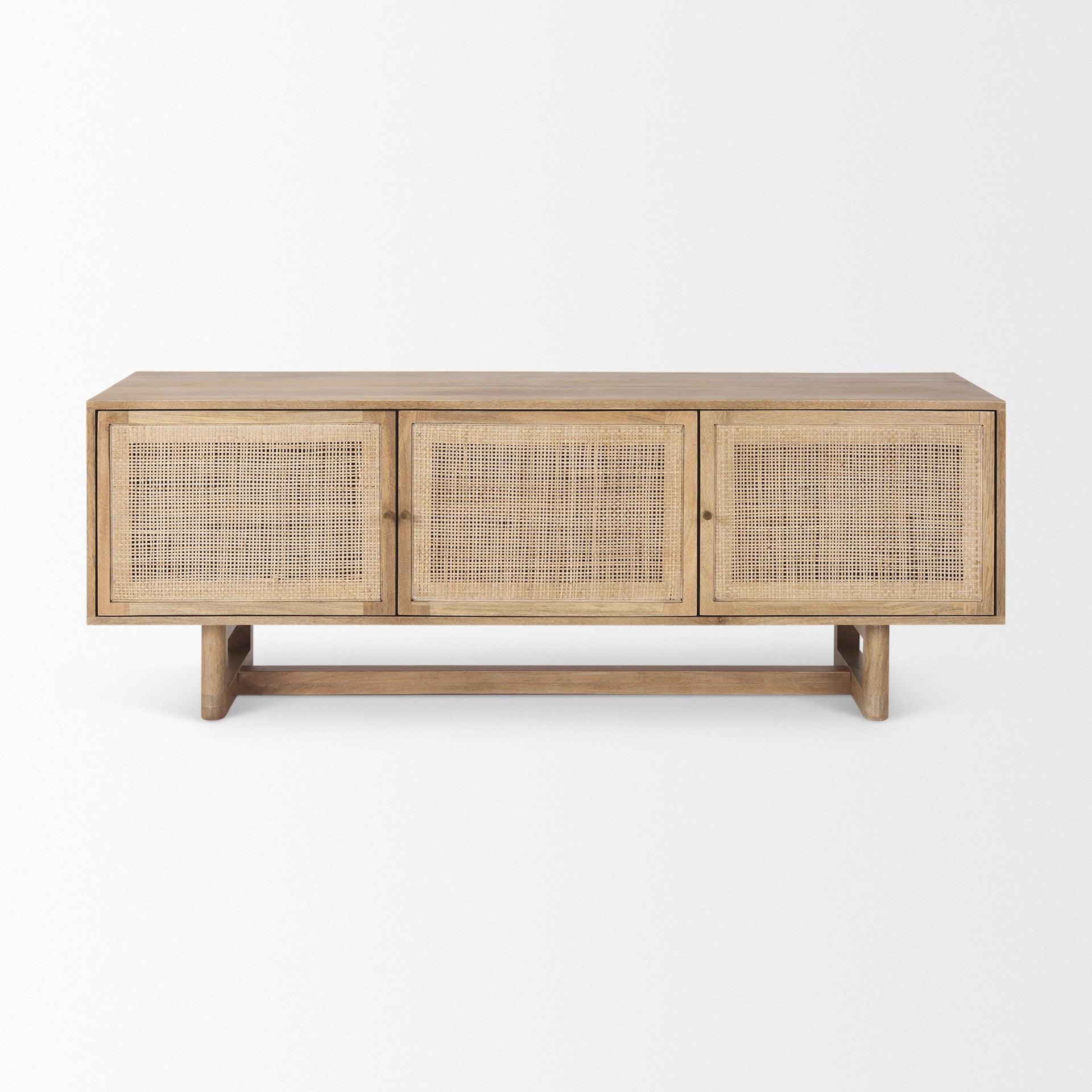 Grier Light Brown Solid Wood and Cane 3 Door Media Console - Remutear