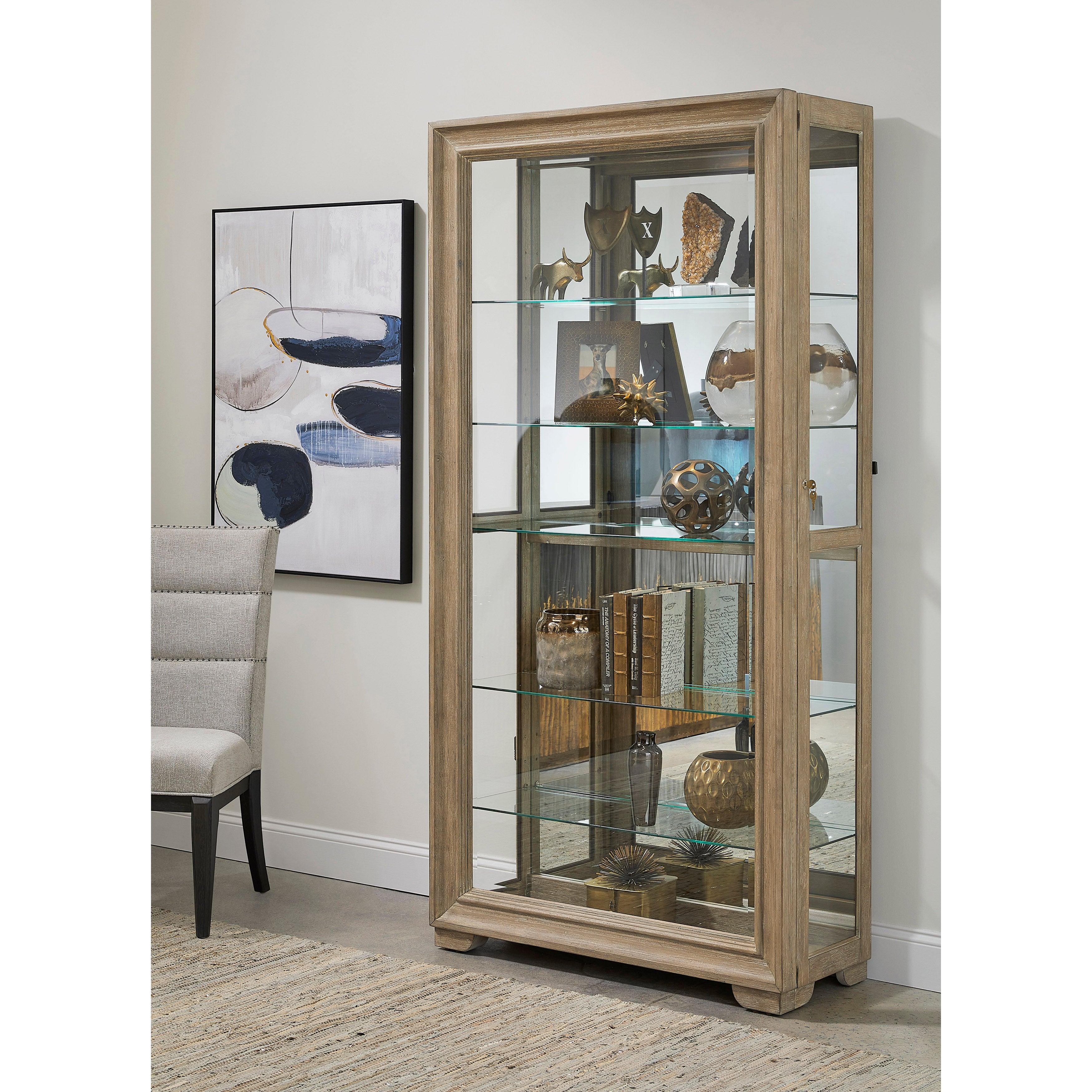 Light Wood Modern 5-Shelf Sliding Door Curio with LED Light - Remutear