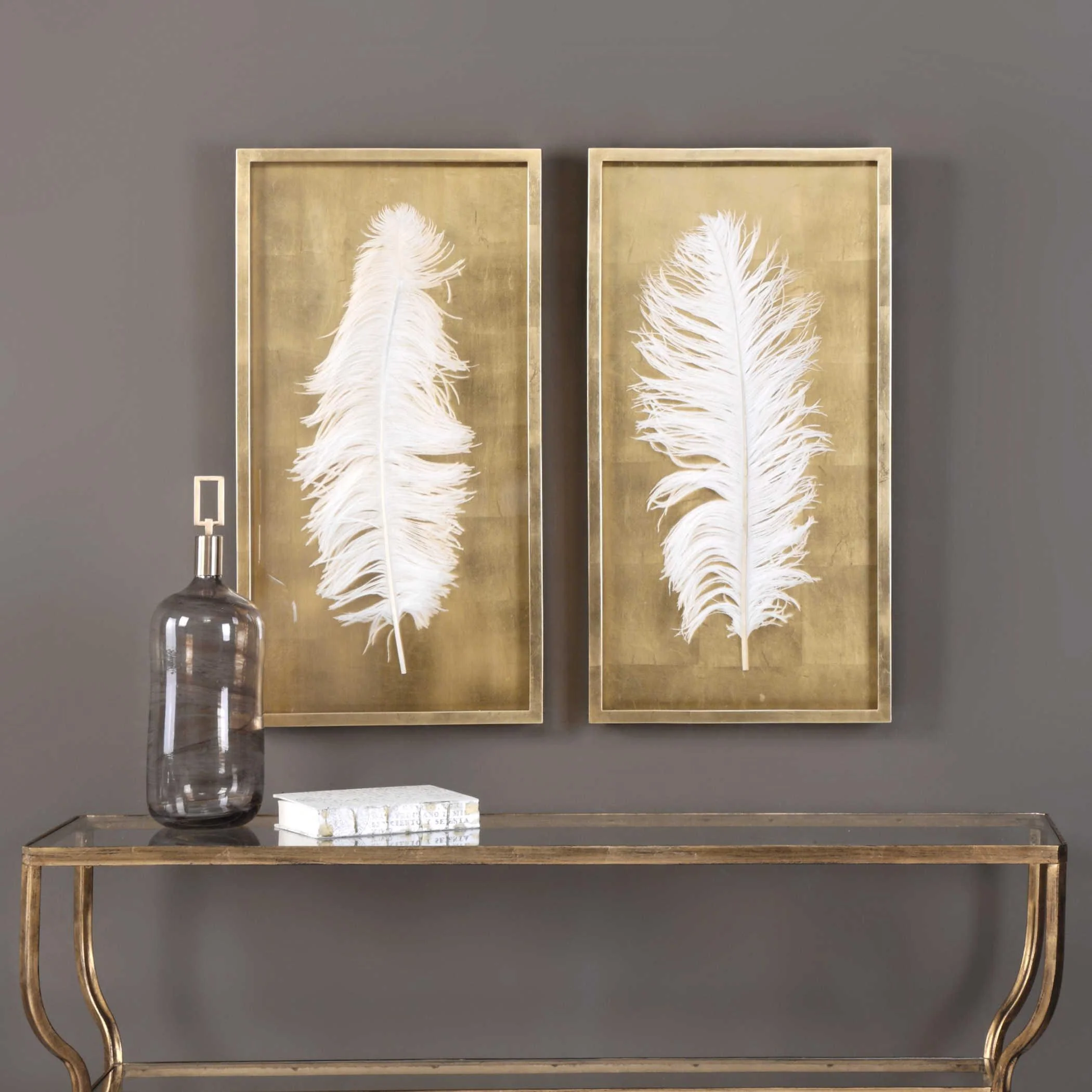 White Feathers Gold Shadow Box S/2 - Remutear