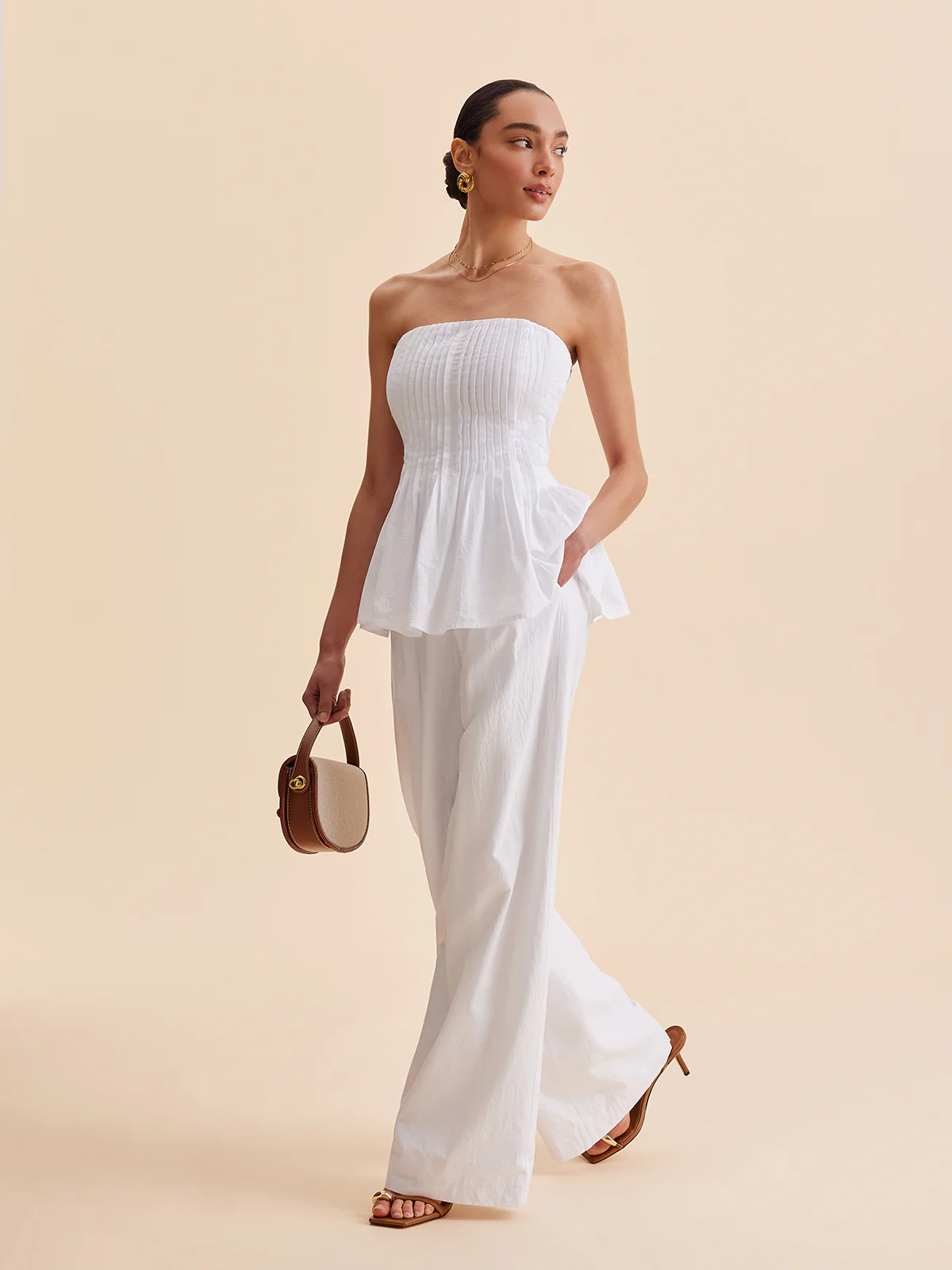 Cotton Pleated Strapless Peplum Top - Remutear