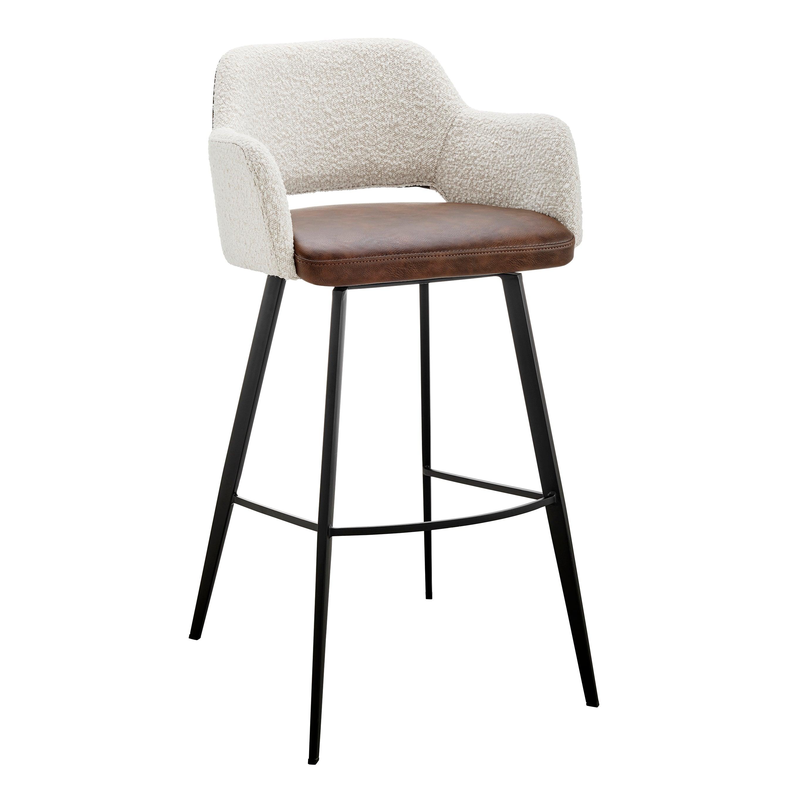 Desi Swivel Bar Stool in Ivory Fabric and Light Brown Leatherette with Black Base - Set of 1 - Remutear