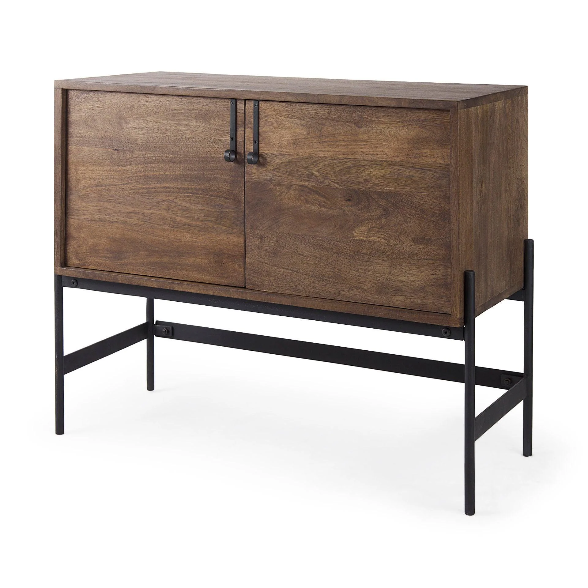 Glenn 38L x 16W x 30H Dark Brown Wood w/ Black Iron Frame, 2 Door Accent Cabinet - Remutear