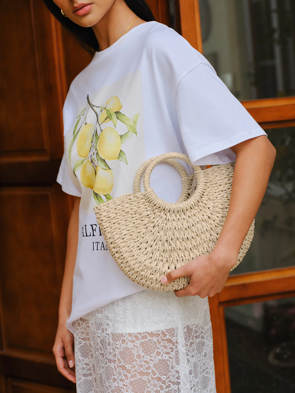 Woven Straw Half-Moon Tote Bag - Remutear