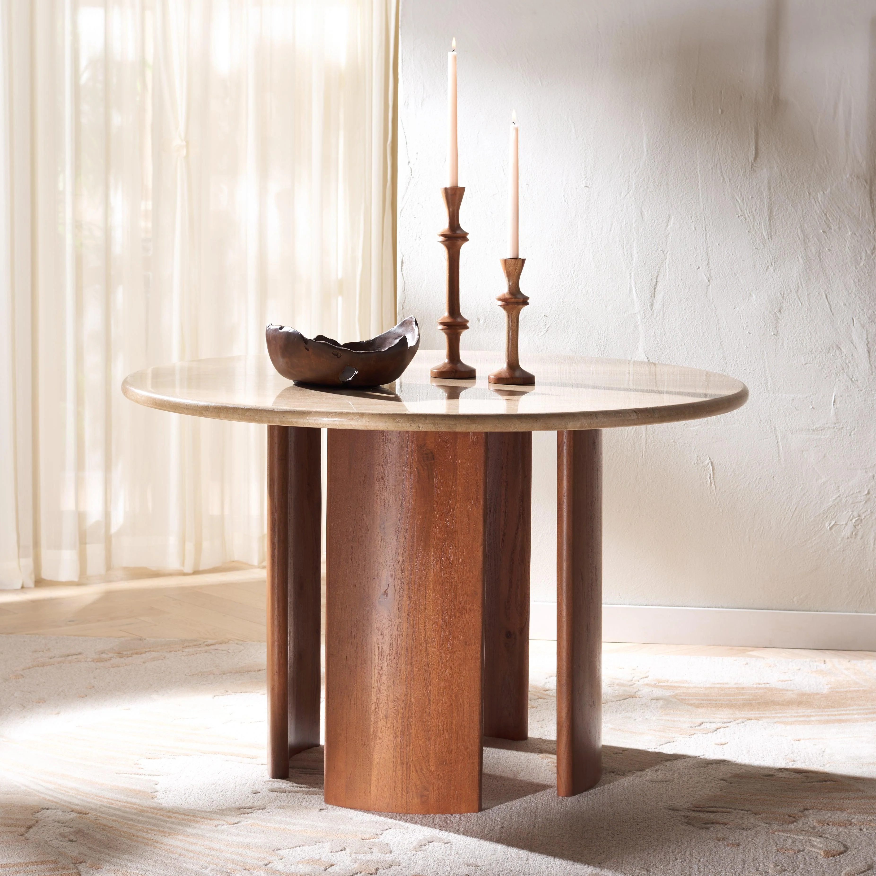 TRINSLY TRAVERTINE TOP DINING TABLE - Remutear