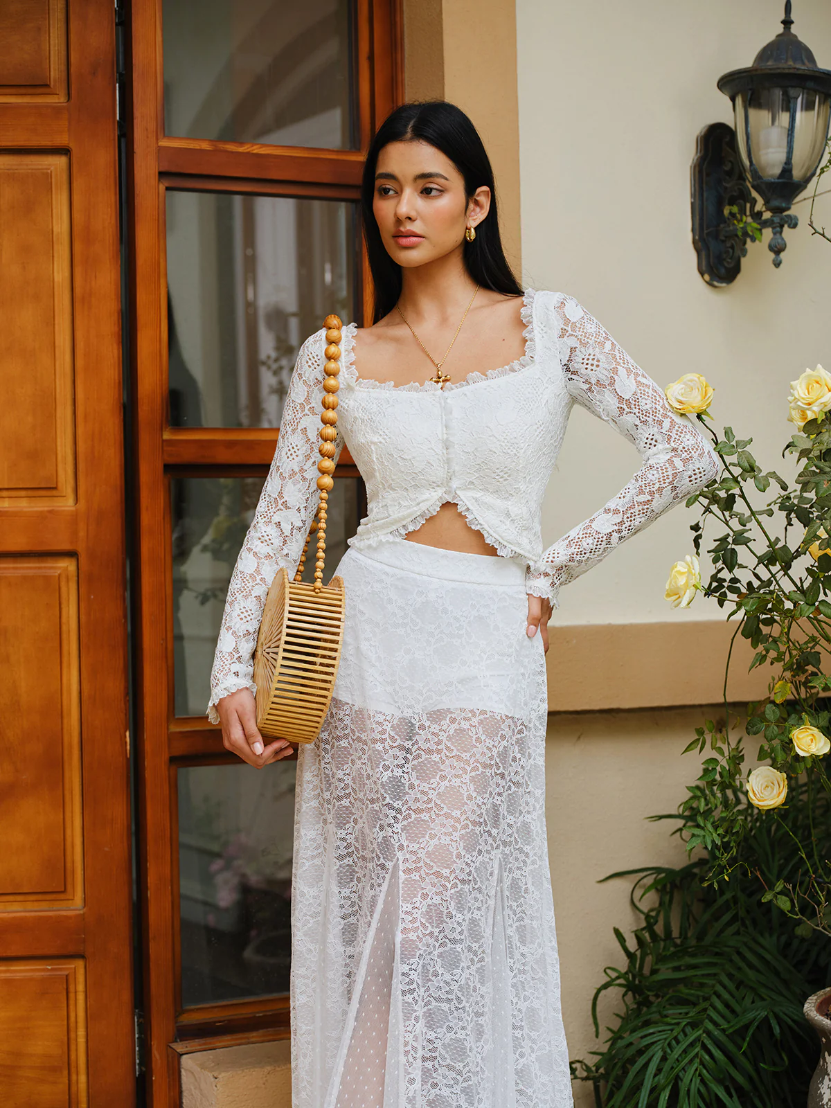 Semi-Sheer Lace Ruffled Trim Buttoned Crop Top - Remutear