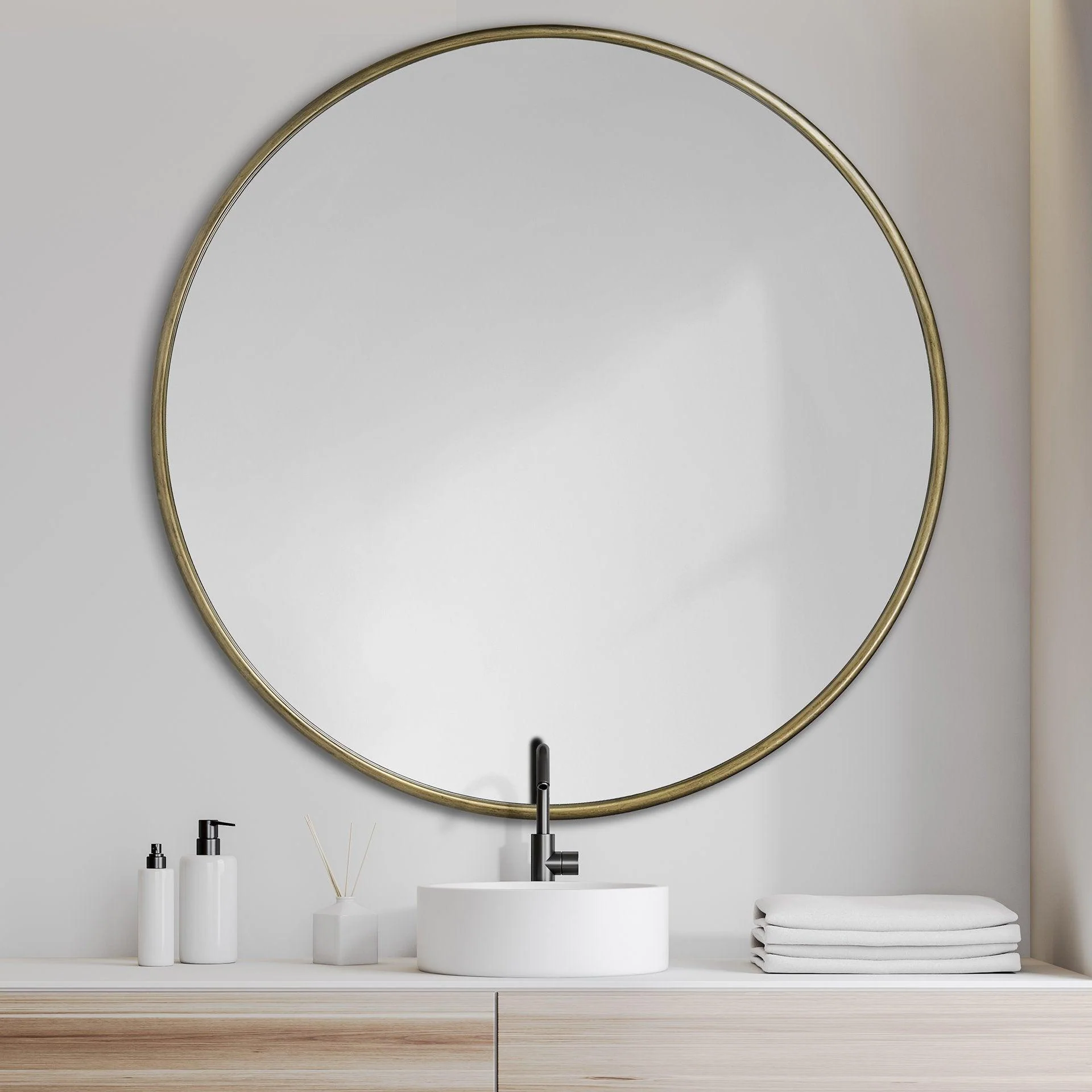Piper 47.2L x 1.0W x 47.2H Large Gold Metal Round Wall Mirror - Remutear