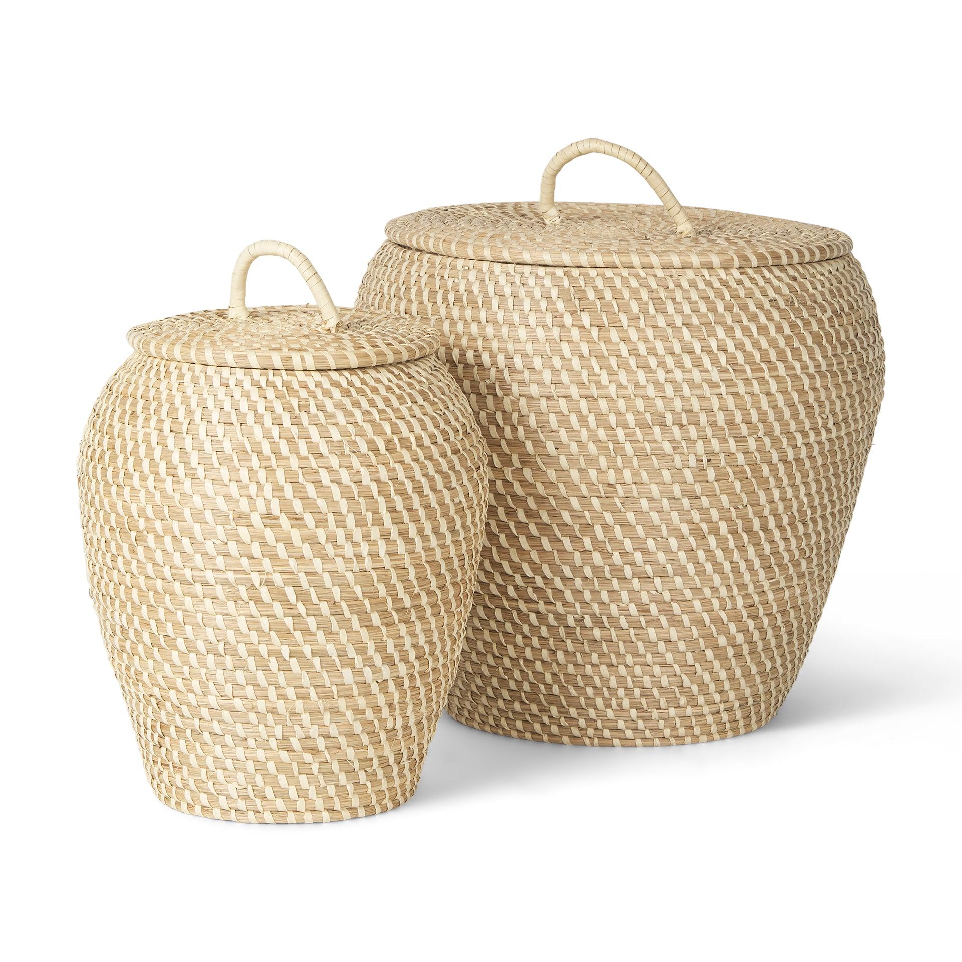 Kalopa Set of 2 Seagrass Floor Baskets w/ Flat Handled Lid - Remutear