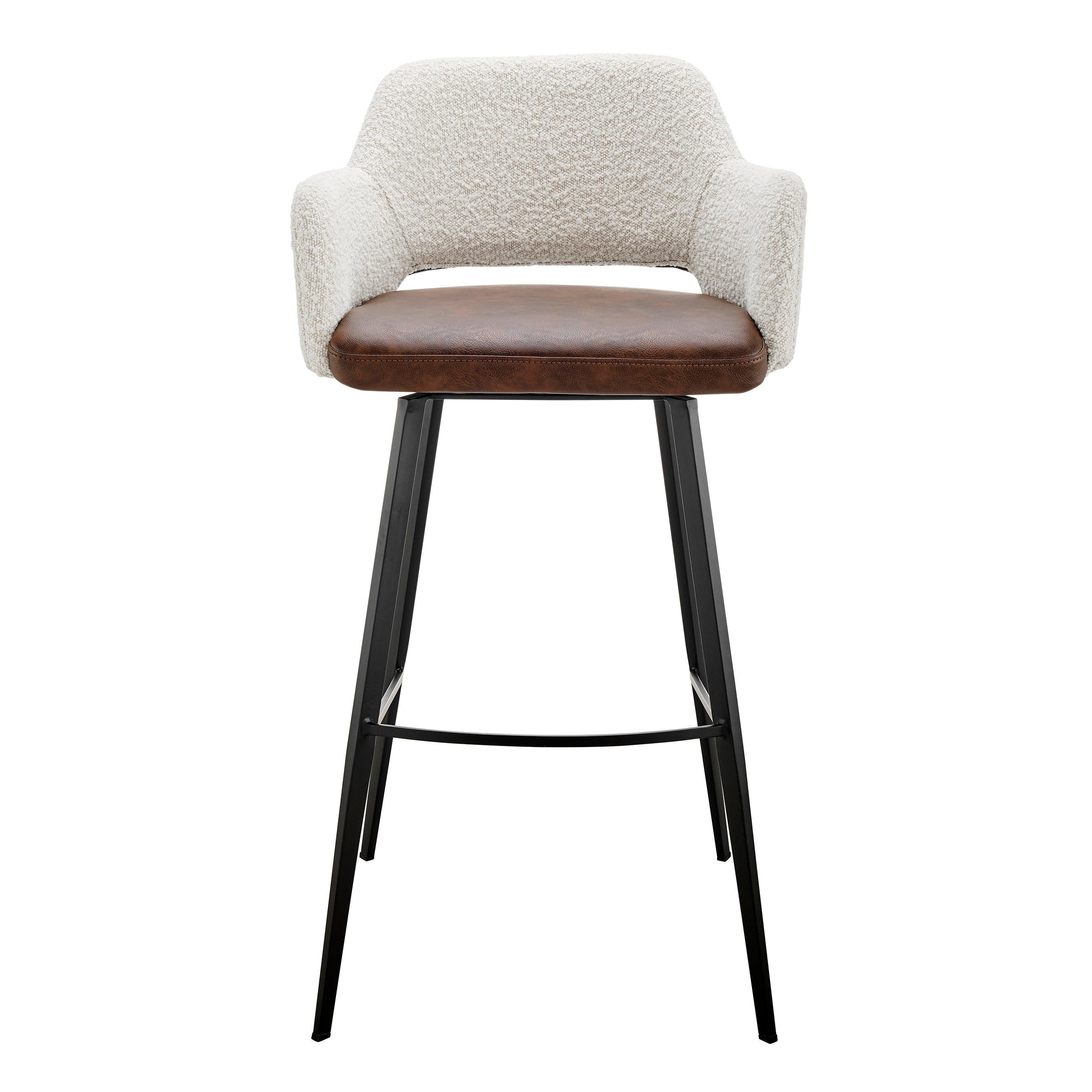 Desi Swivel Bar Stool in Ivory Fabric and Light Brown Leatherette with Black Base - Set of 1 - Remutear