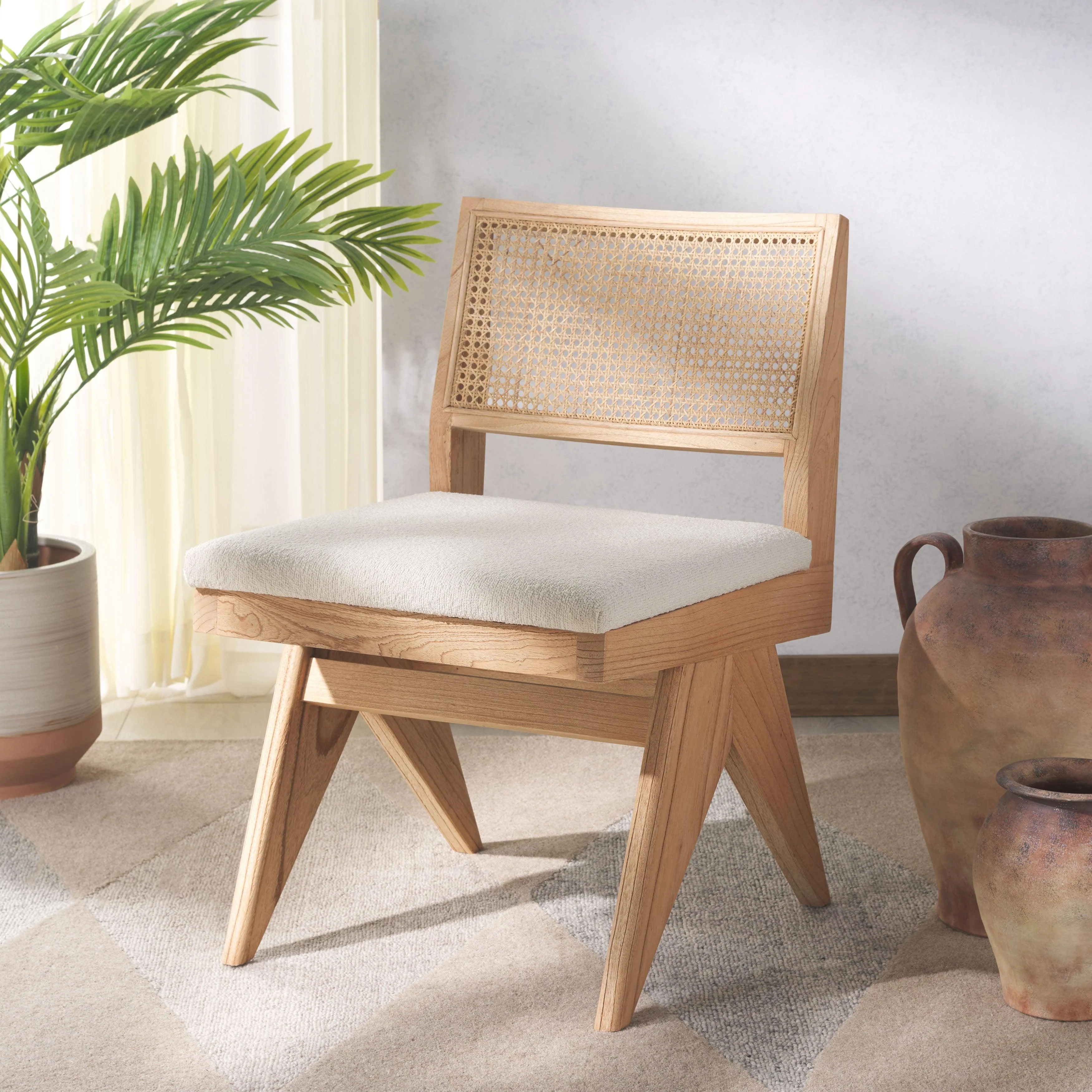 JAQUELINE BOUCLE AND RATTAN BACK DINING CHAIR - Remutear