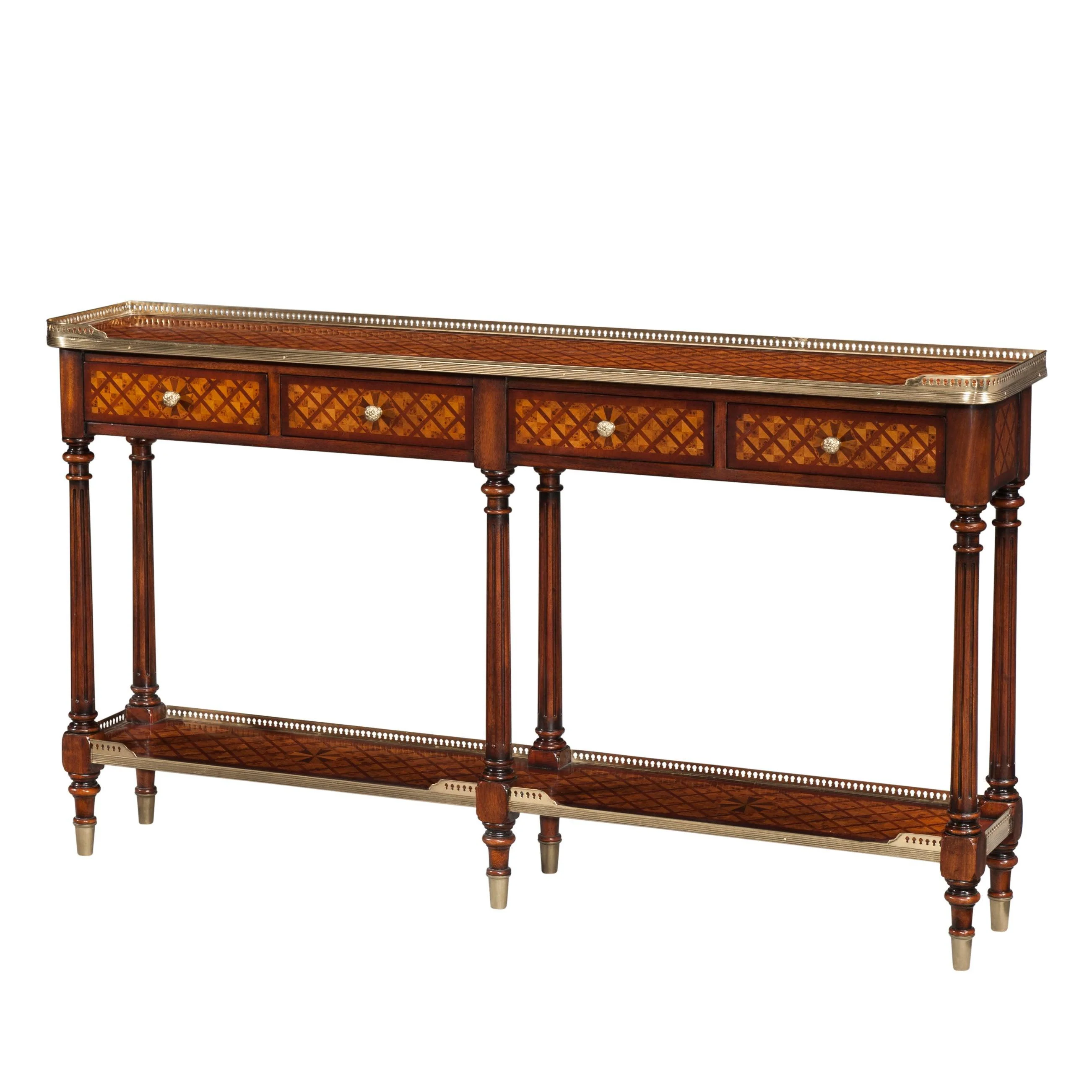 Burl Lattice Parquetry, Brass Mounted Console Table - Remutear