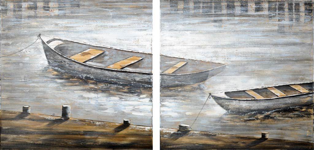 Creekside Diptych 80x40 Boats Original Hand Painted on Wood Oil Painting - Remutear