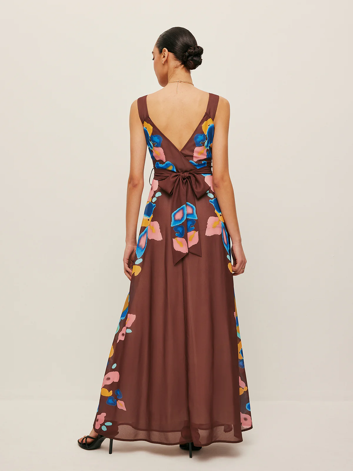 V-Back Bow Detail Printed Dress - Remutear