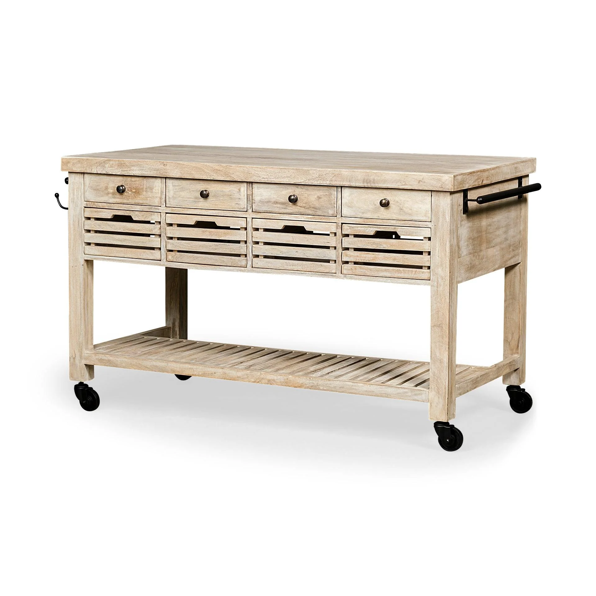 Columbia 62L x 28W x 36H I Light Brown Body w/ Black Iron Knobs Rolling Kitchen Island - Remutear