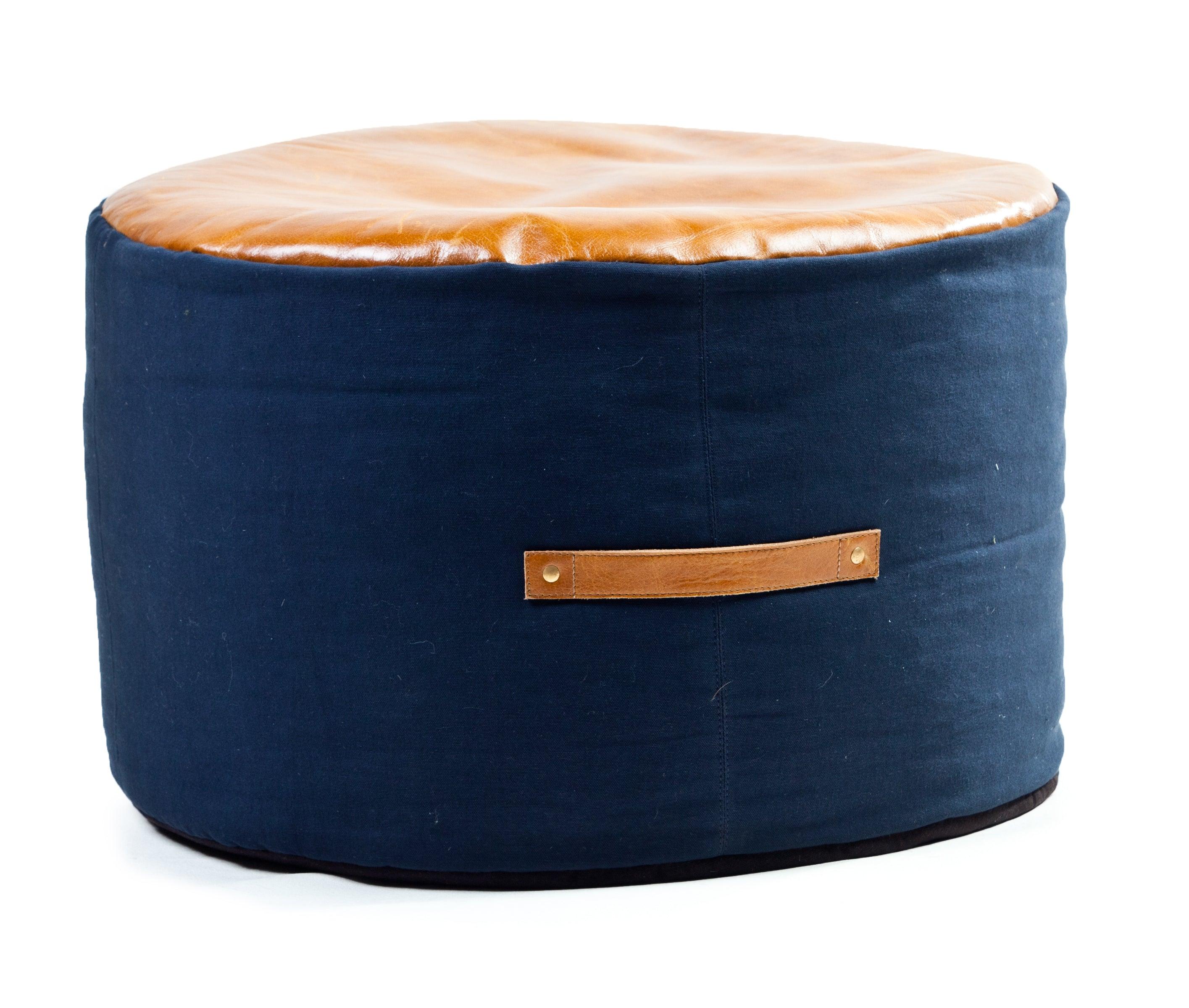 Cotton Navy Pouf with Leather Chestnut Top and Handle accents - Remutear