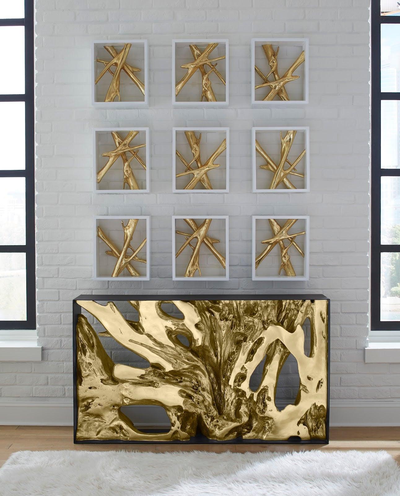Framed Branches Wall Tile, White, Gold Leaf - Remutear