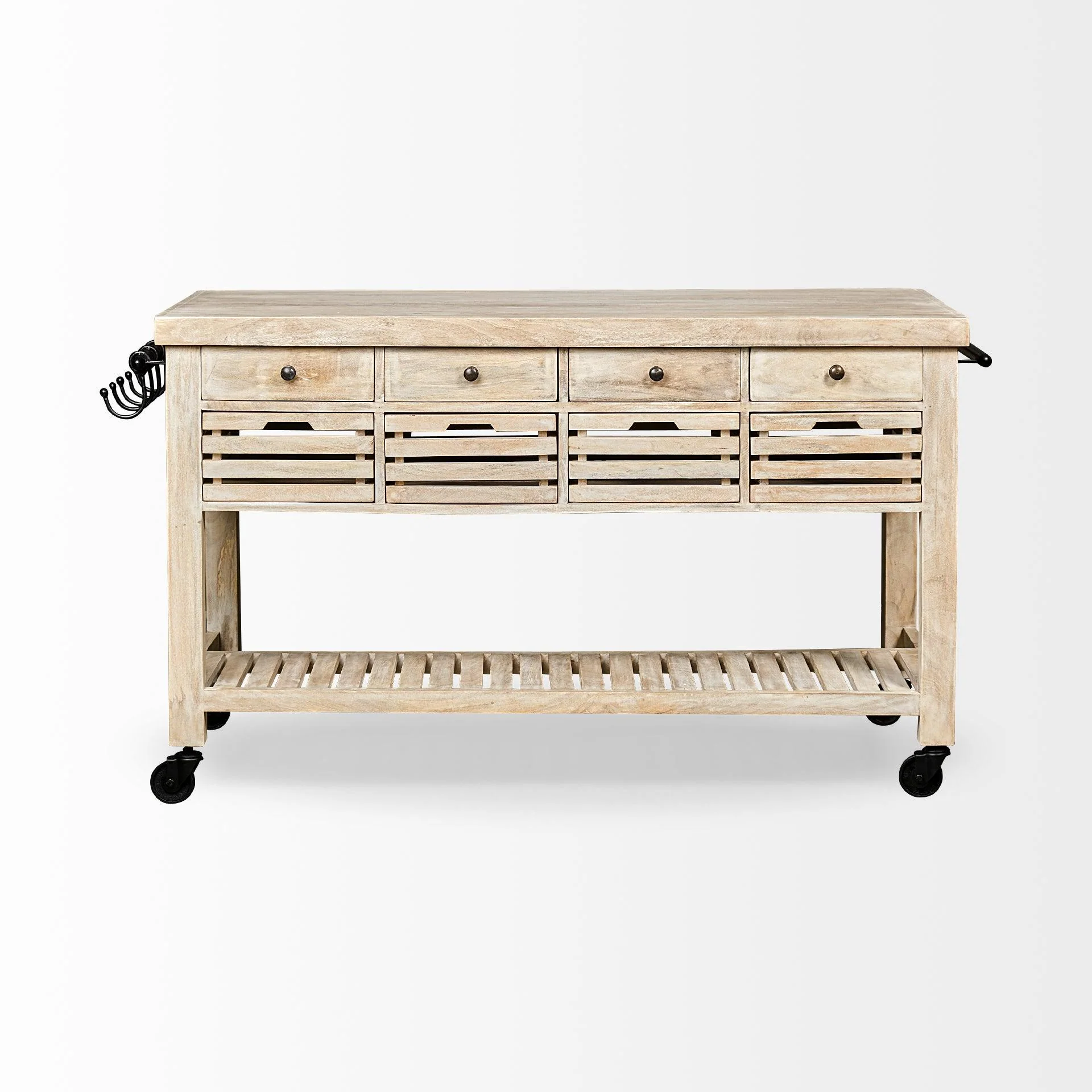 Columbia 62L x 28W x 36H I Light Brown Body w/ Black Iron Knobs Rolling Kitchen Island - Remutear