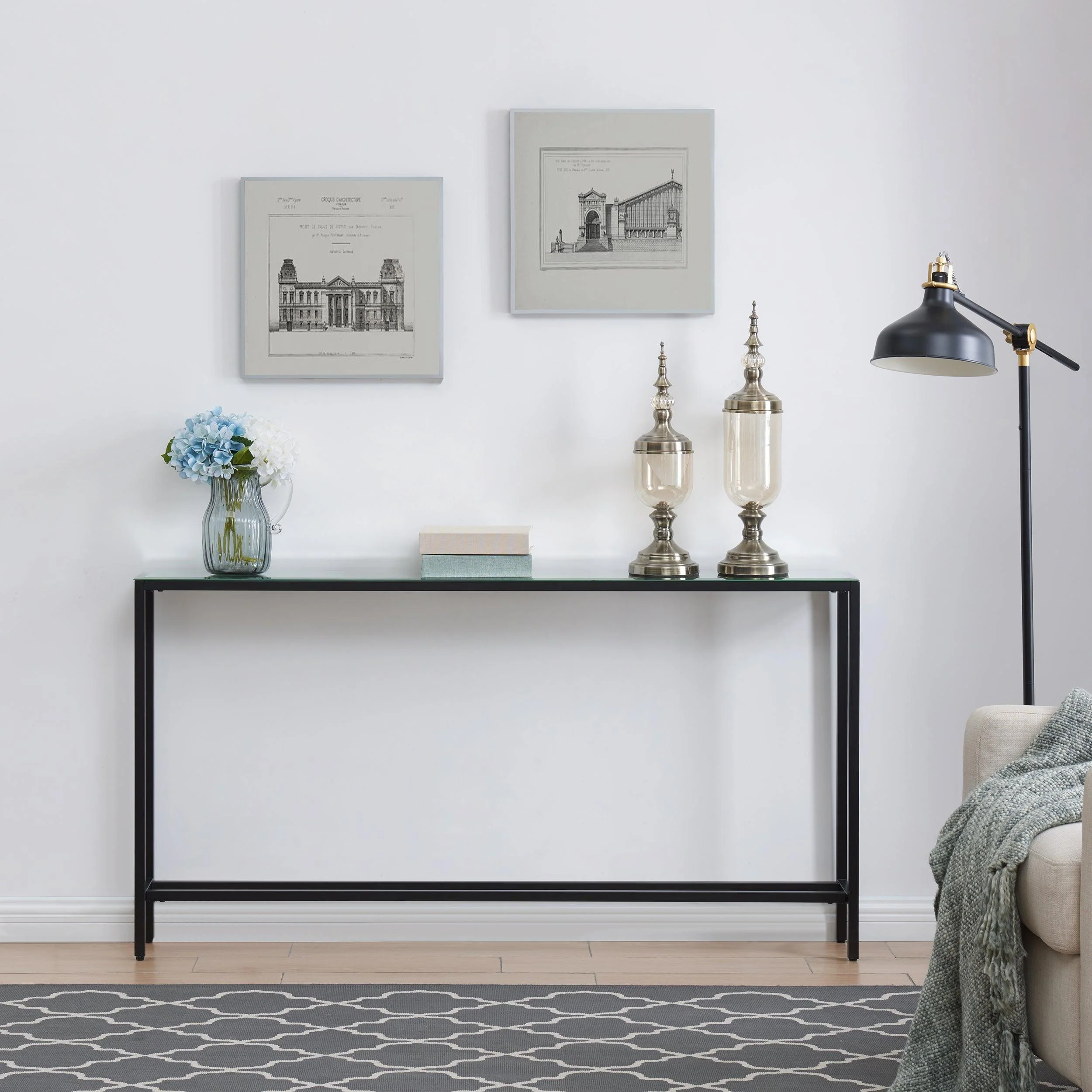 Darrin Narrow Long Console Table w/ Mirrored Top – Black - Remutear