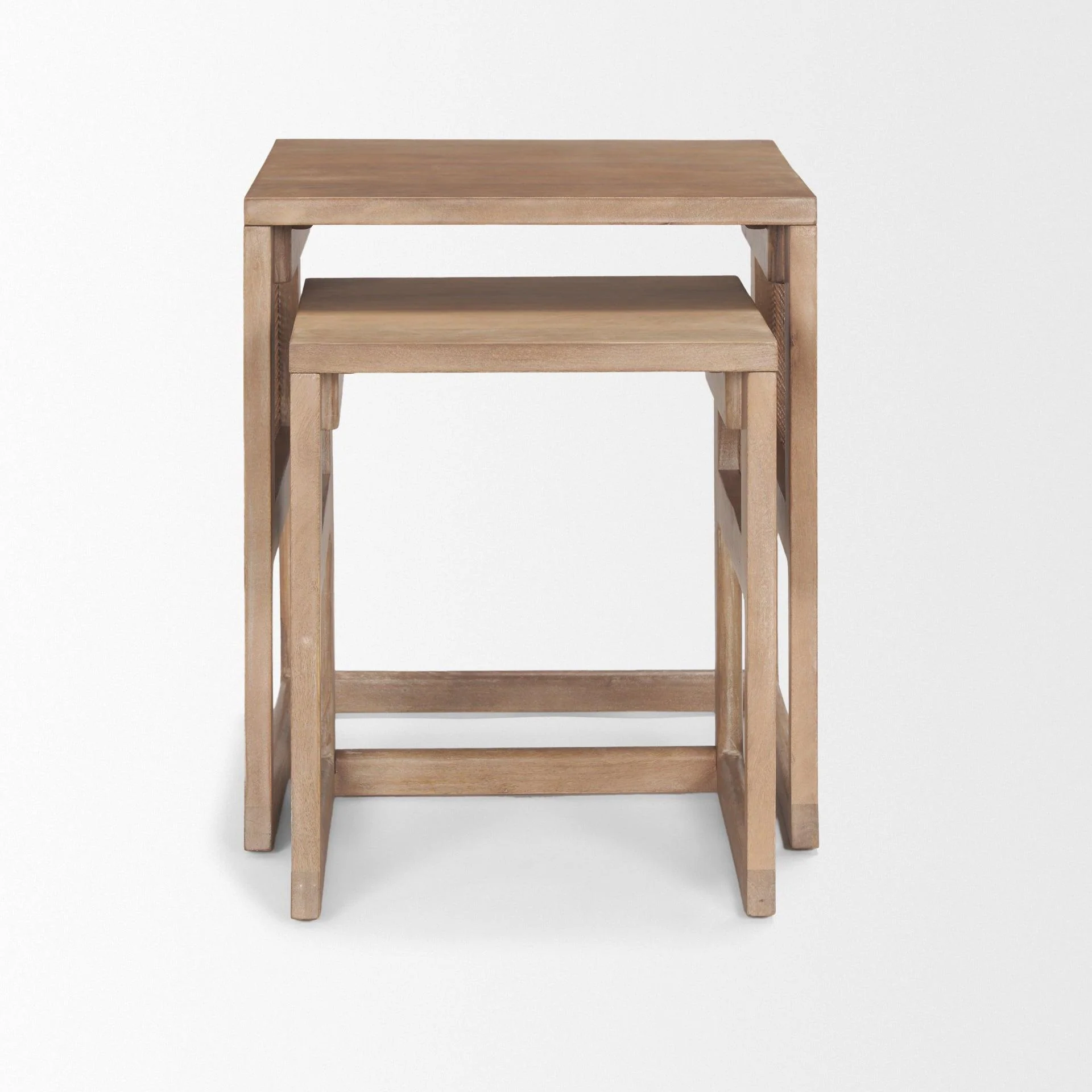 Grier Set of 2 Light Brown Solid Wood w/ Cane Nesting Accent Tables - Remutear