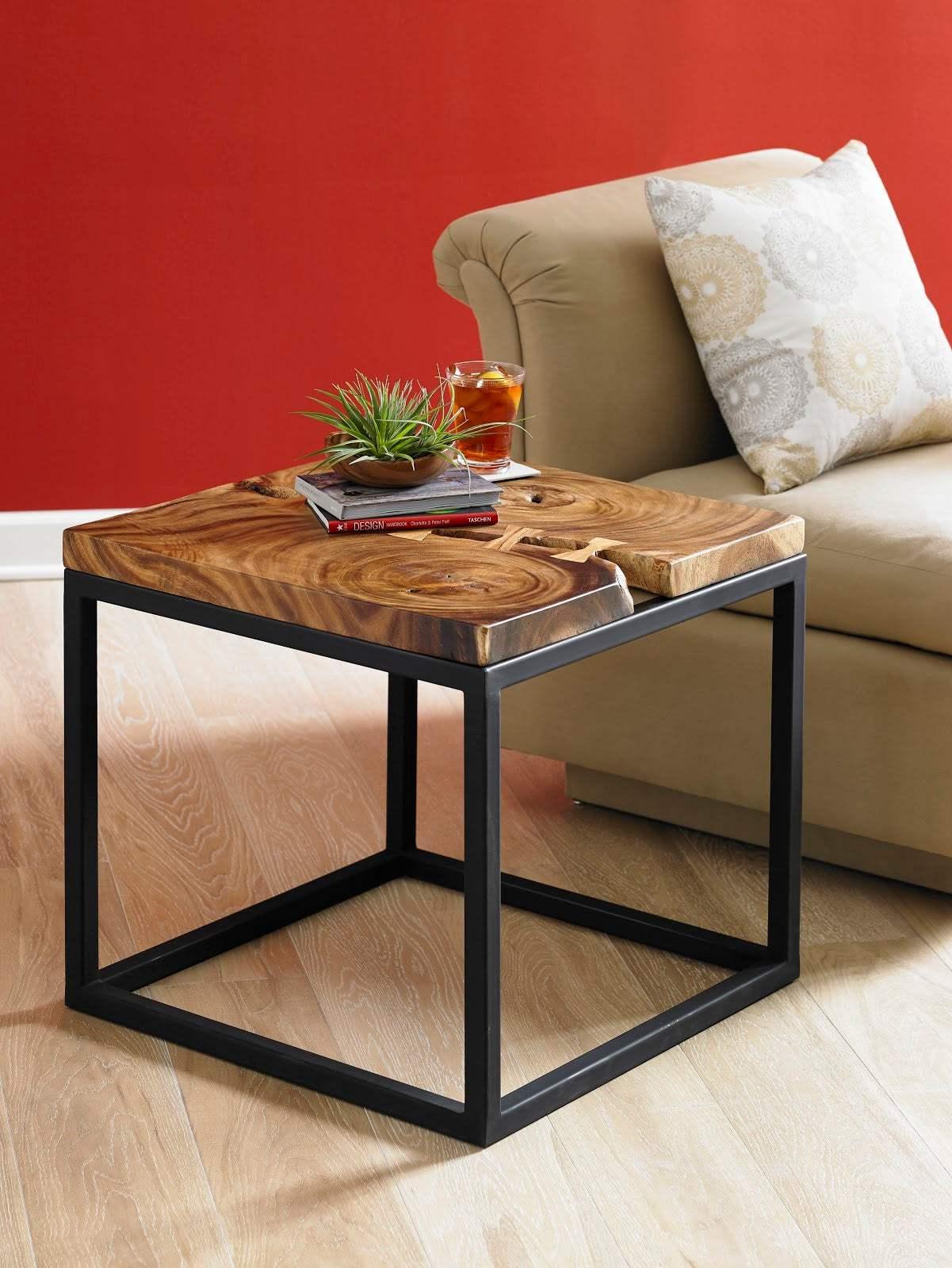 Martin Side Table, Chamcha Wood, Black Metal Base - Remutear