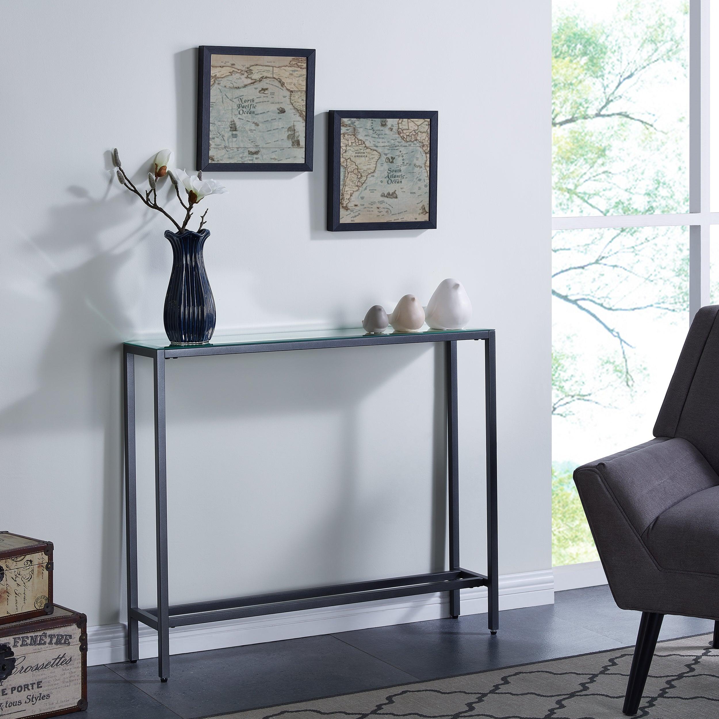 Darrin Narrow Mini Console Table w/ Mirrored Top – Gunmetal Gray - Remutear
