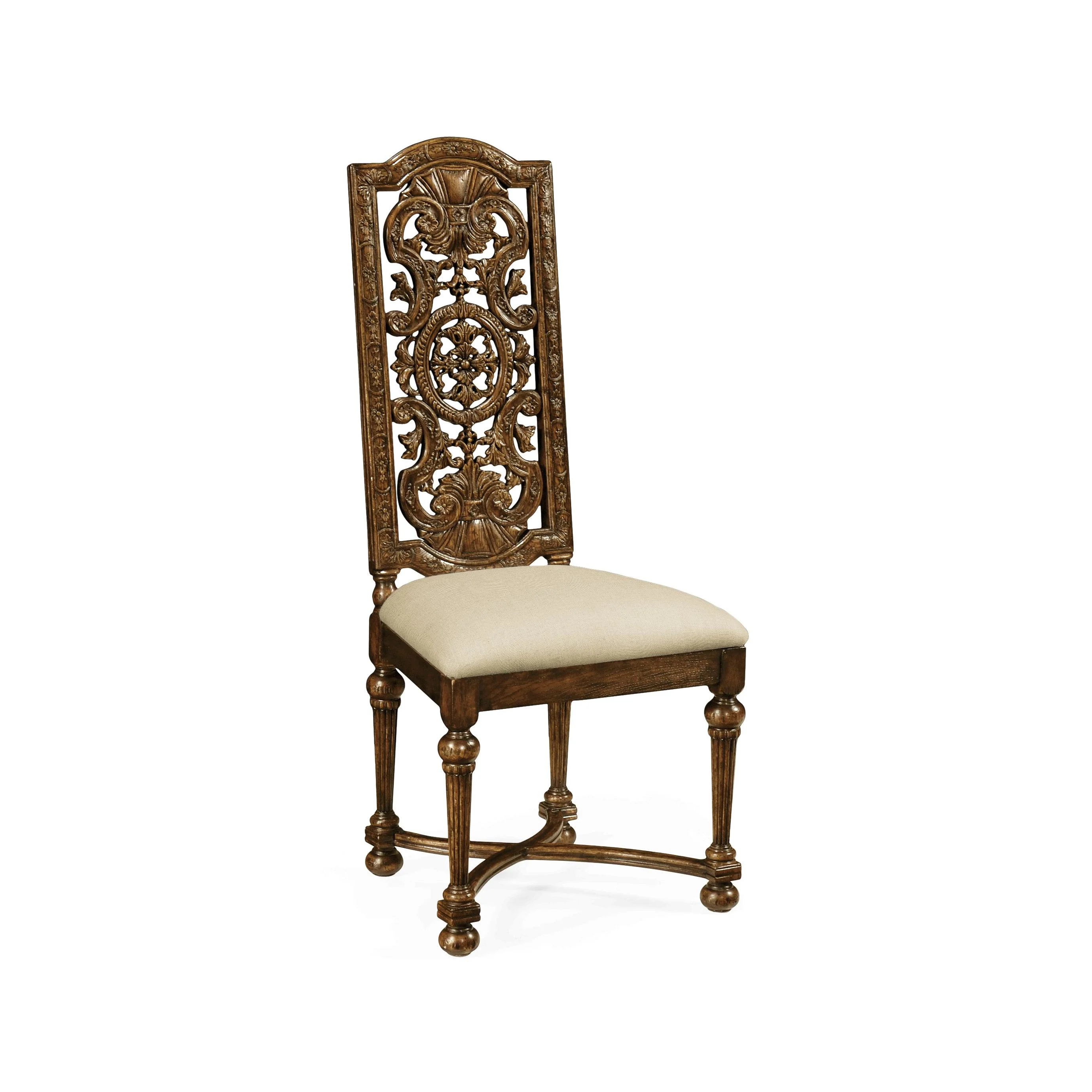 Country Farmhouse Jacobean Dark Oak Pierced Back Dining Side Chair - Remutear