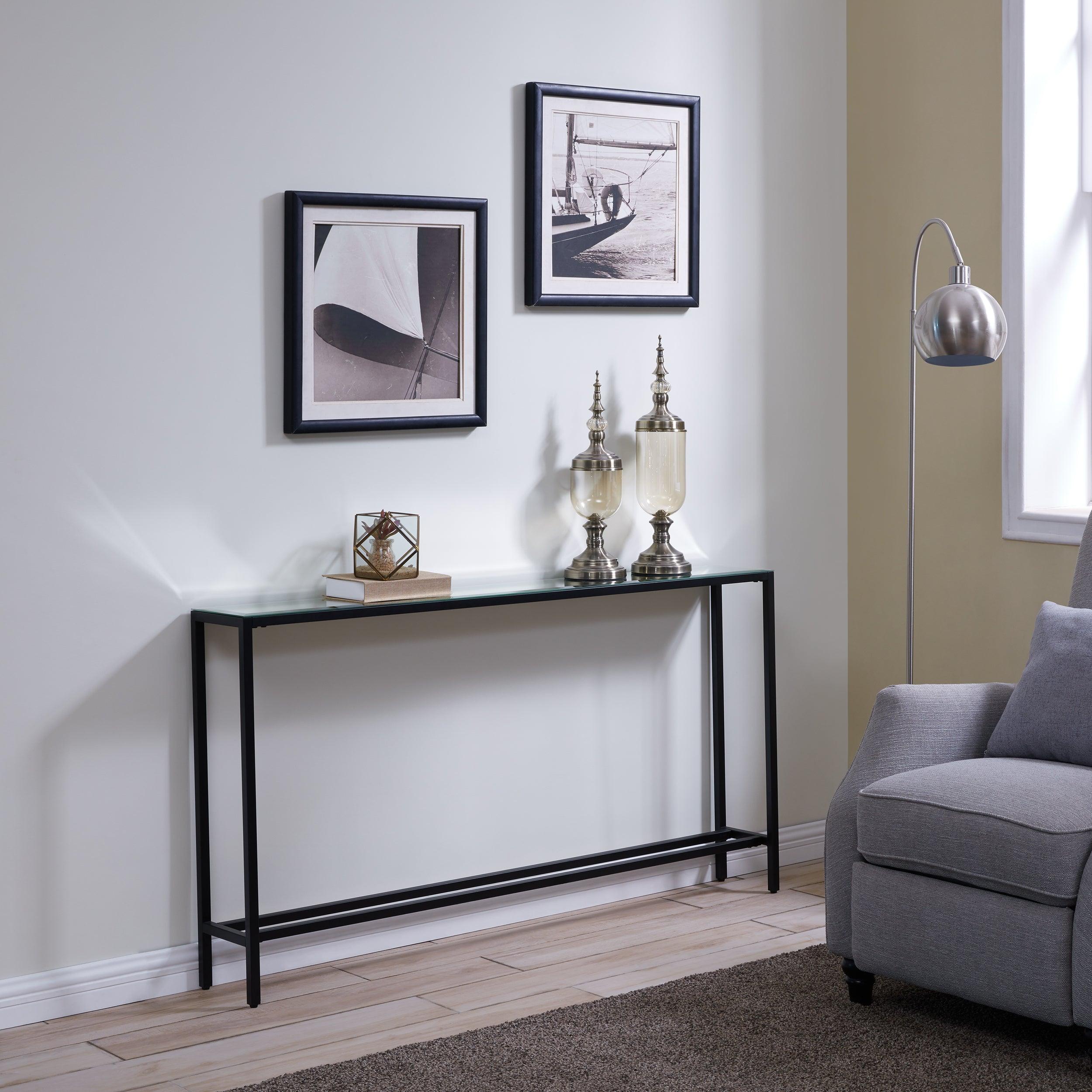 Darrin Narrow Long Console Table w/ Mirrored Top – Gunmetal Gray - Remutear