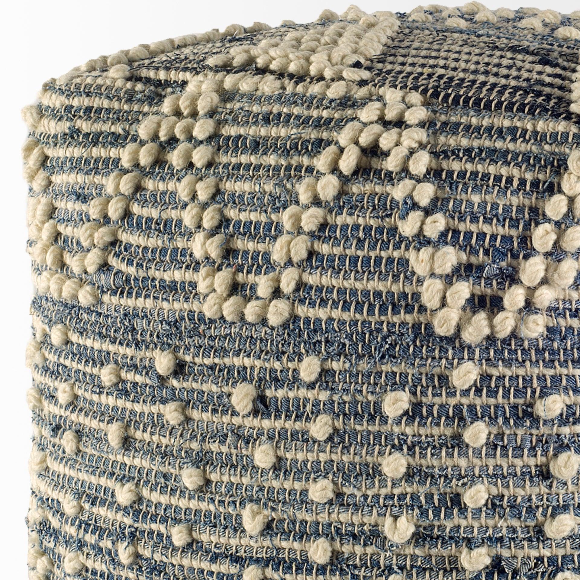 Rofi Blue Denim and Cream Cotton Stitched Square Pouf - Remutear