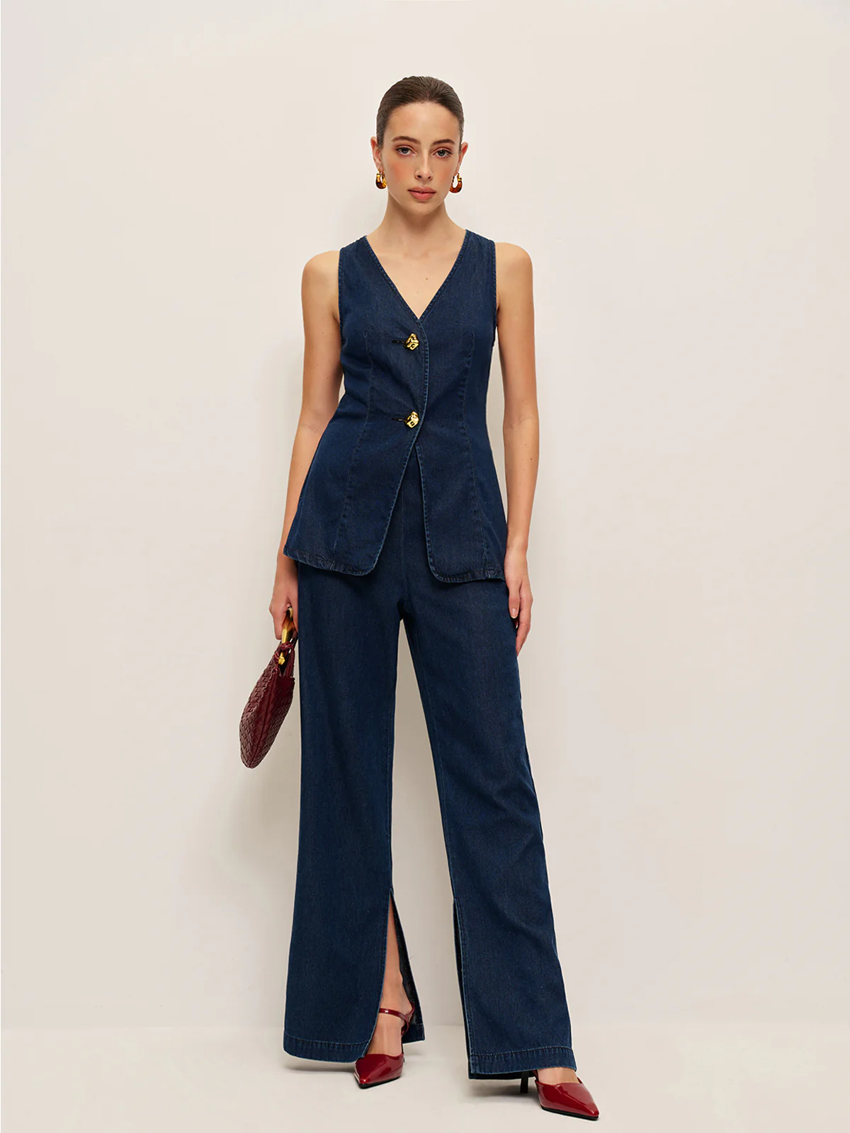 Front-Slit High-Waisted Denim Pants - Remutear