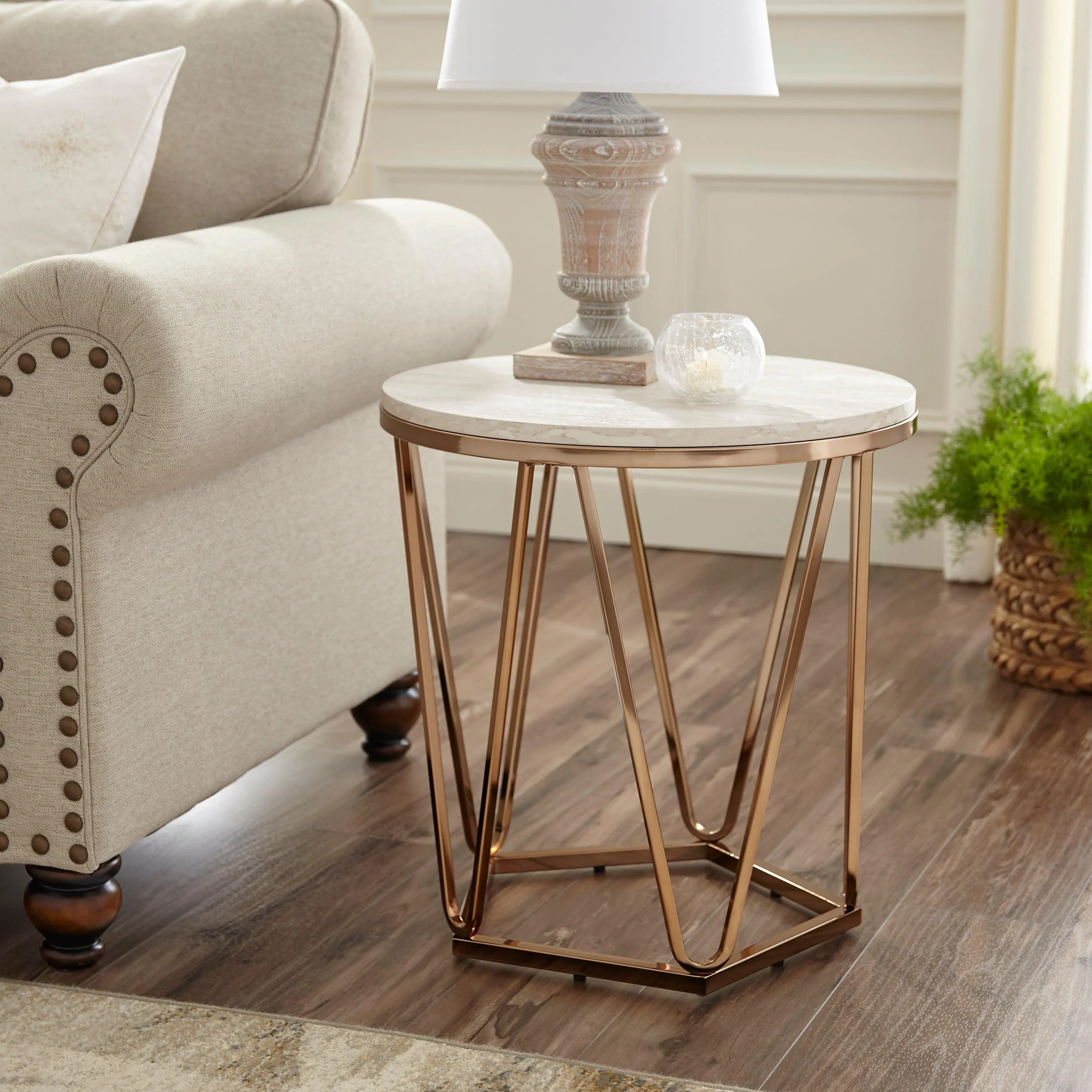 Luna Round Faux Stone End Table – Champagne - Remutear